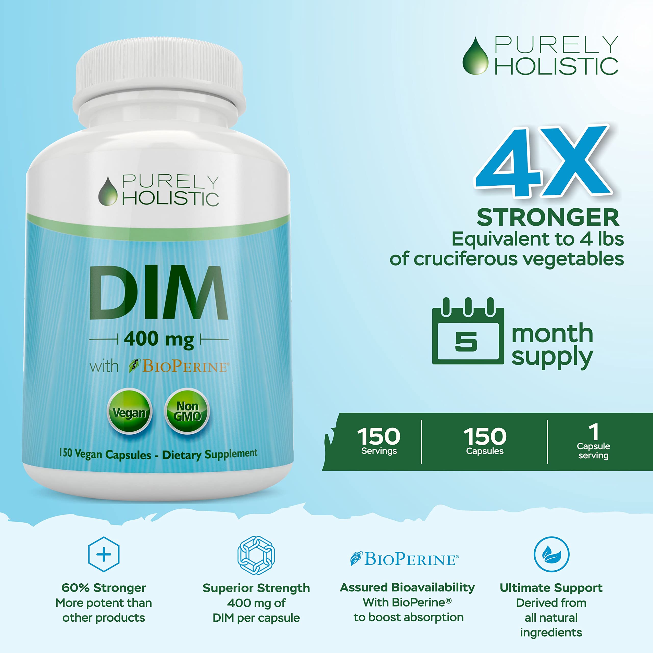 DIM Supplement 400mg Plus Bioperine - 150 Vegan Capsules - 5 Month Supply - Hormone Balance Purely Holistic