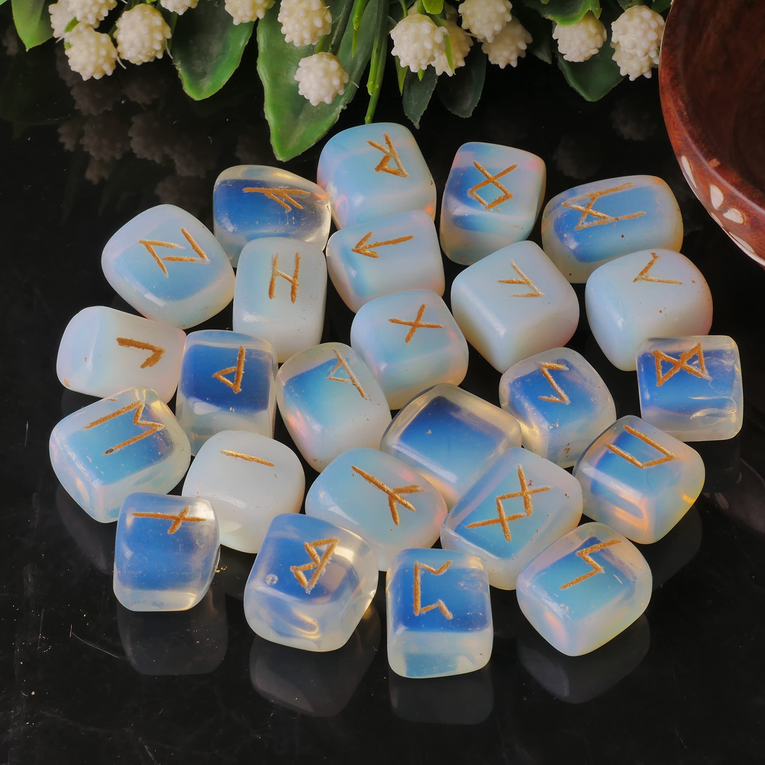 Opalite Rune Stone - Rune Set - Engraved Elder Futhark Alphabet Symbols - Witchcraft Crystals QUIPSA