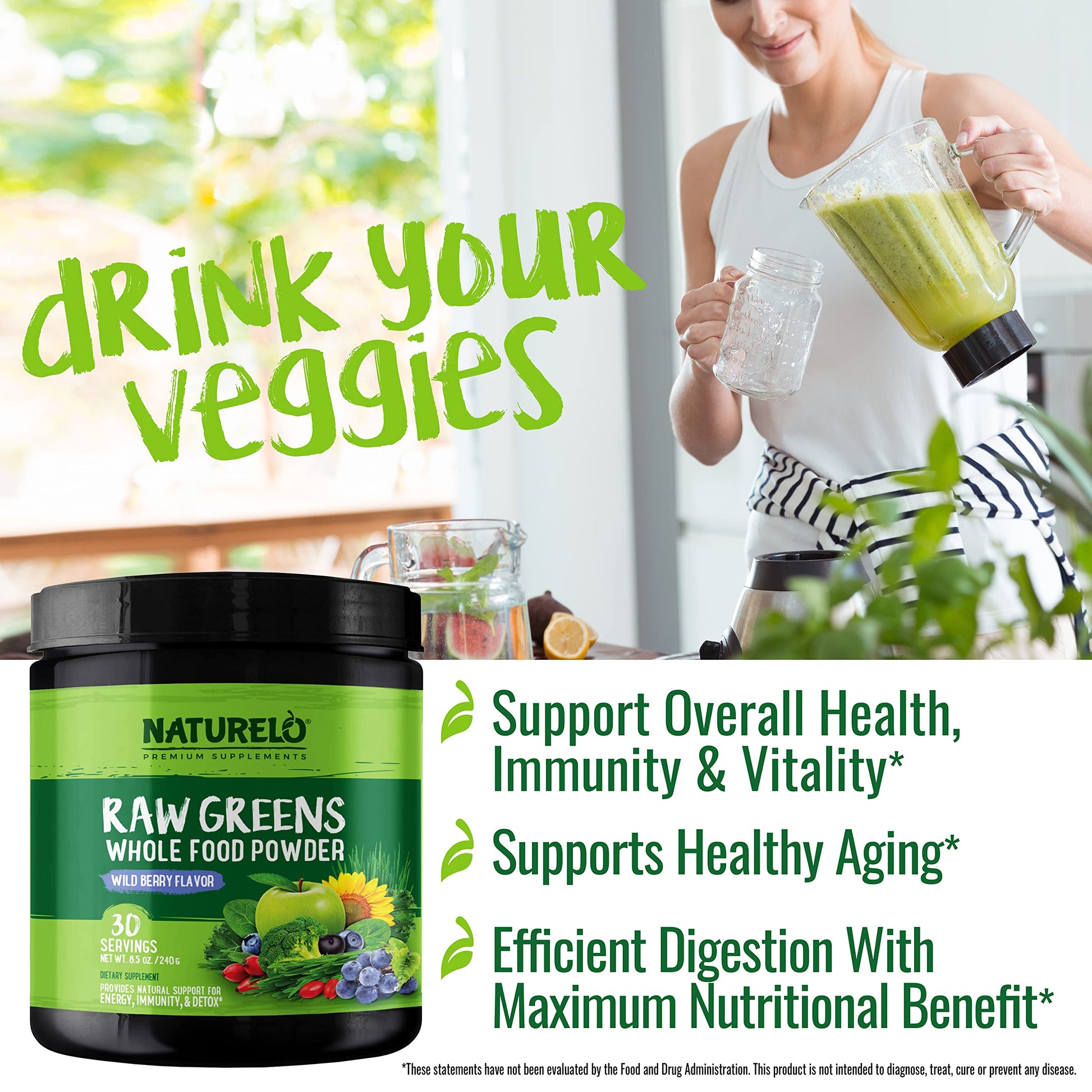 NATURELO Raw Greens Superfood Powder - Wild Berry Flavor - Boost Ener