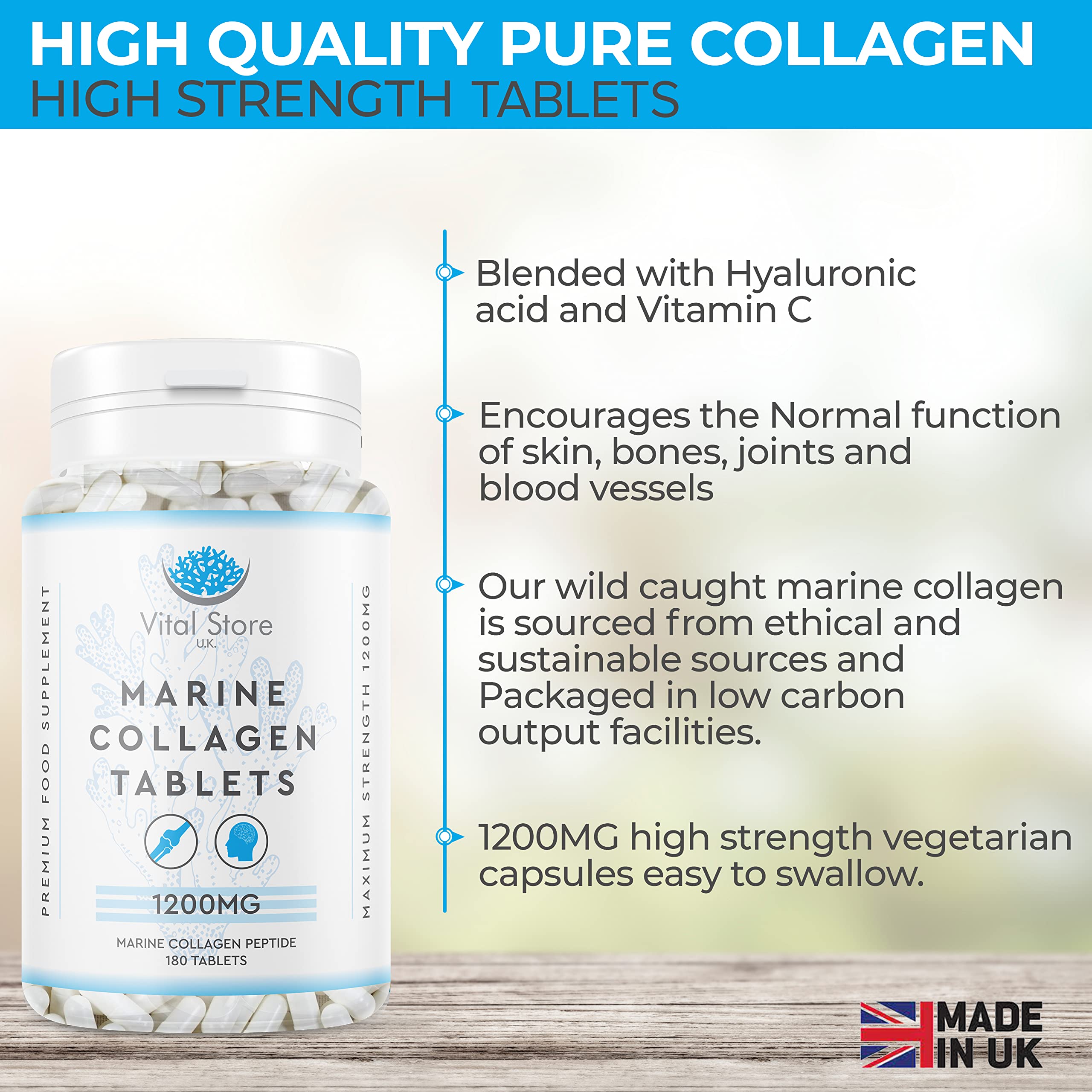 Marine Collagen Peptide Tablets 1200MG - 6 Month Supply - 180 High Strength Collagen Tablets