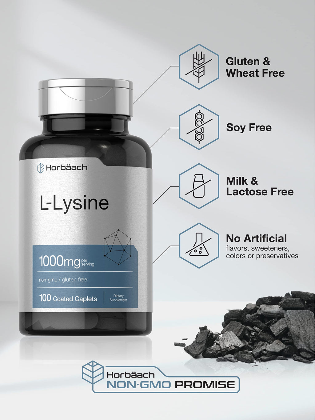 L-Lysine 1000mg | 100 Coated Caplets | Free Form Dietary Supplement | Vegetarian