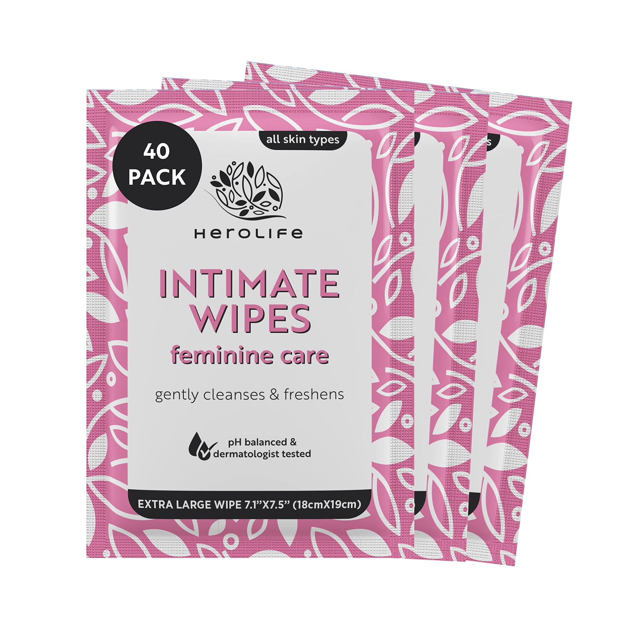 HEROLIFE Personal Wipes for Feminine Care, Single Use To Go, Plant-Based, 1 pack of 40 Single
