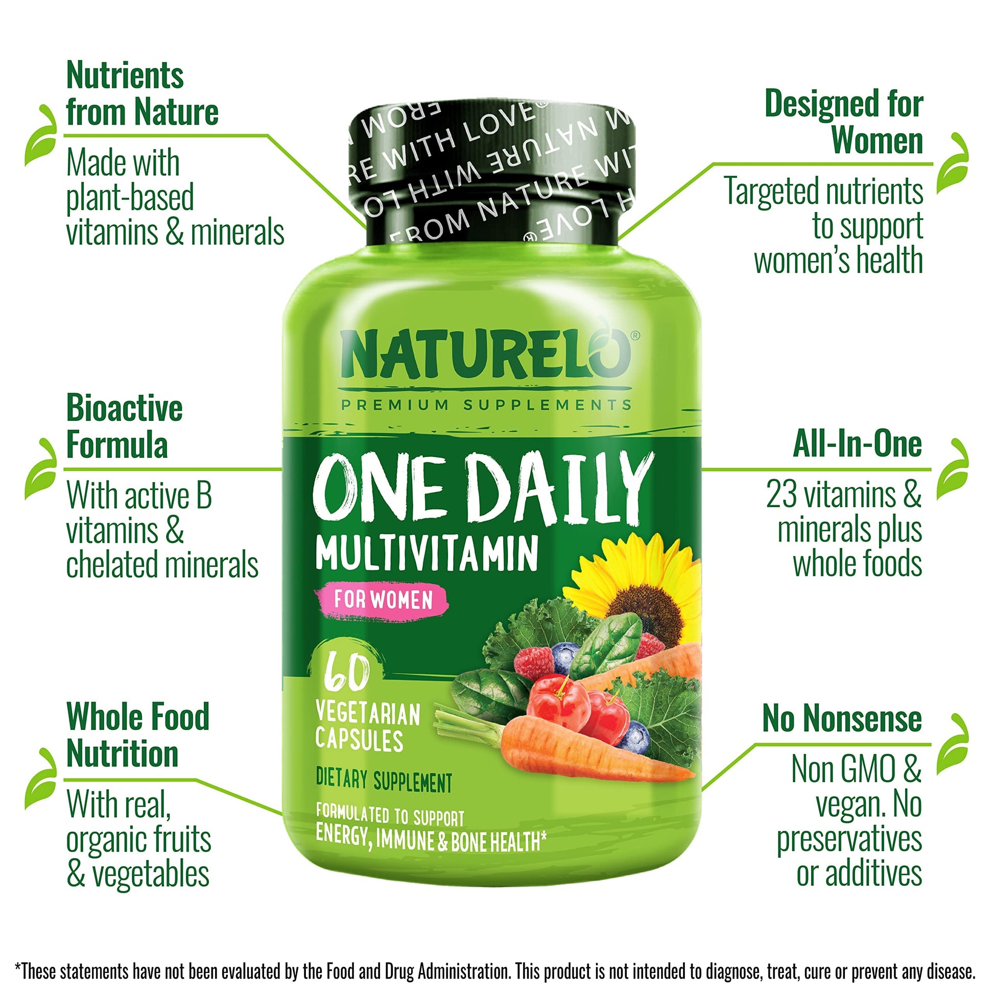 NATURELO One Daily Multivitamin for Women - Energy Support - Whole Food Supplement NATURELO