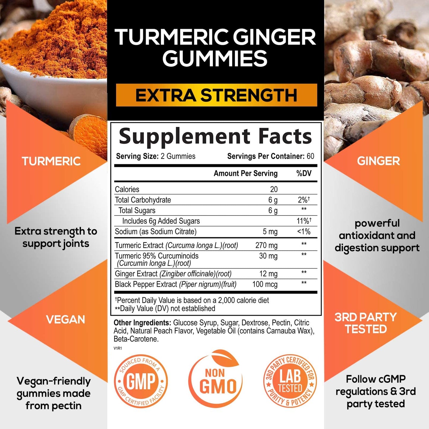 Turmeric Ginger Gummies - Vegan Turmeric Curcumin Gummy with 95% Curcuminoids