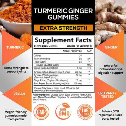 Turmeric Ginger Gummies - Vegan Turmeric Curcumin Gummy with 95% Curcuminoids