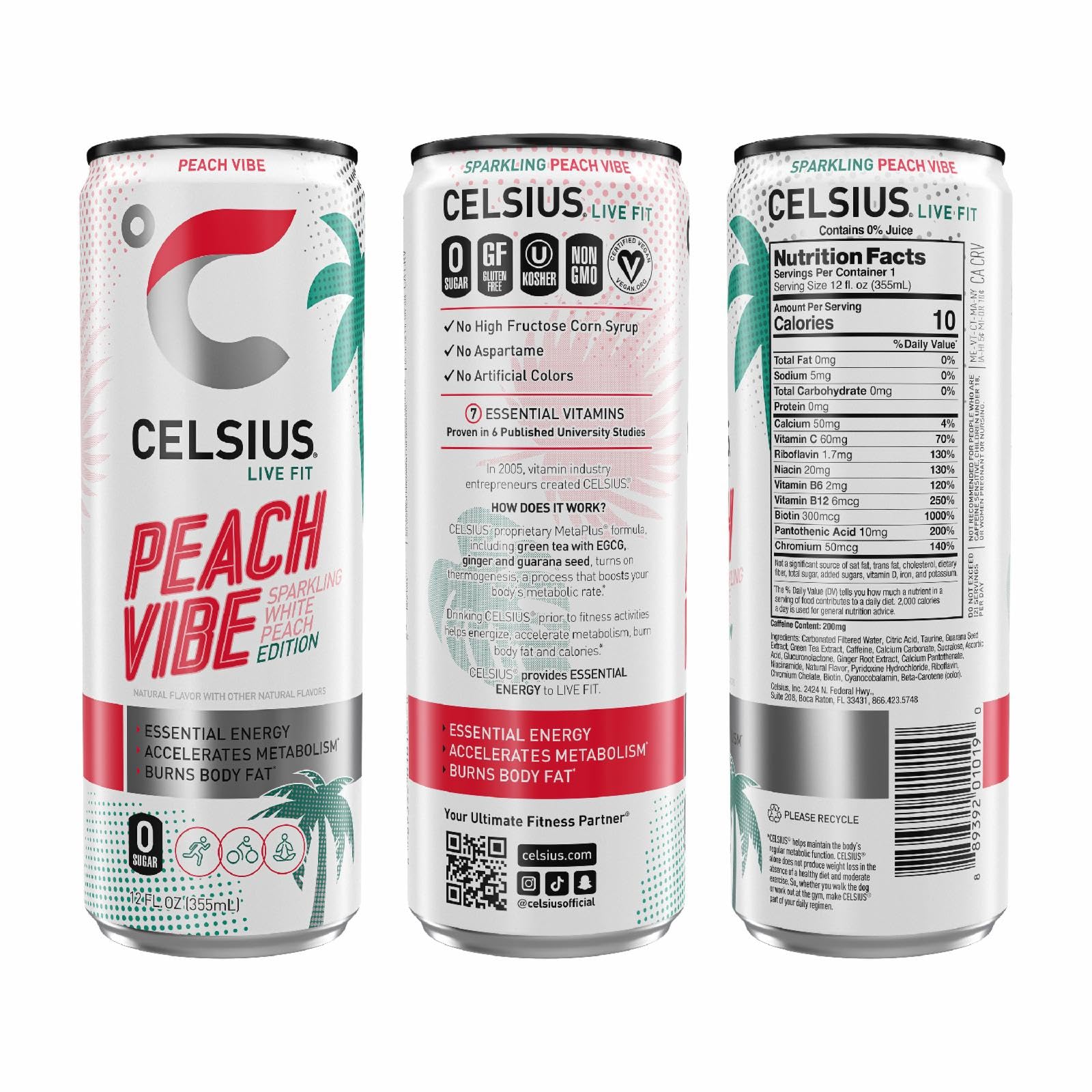 CELSIUS Sparkling Peach Vibe, Functional Essential Energy Drink, 12 Fl Oz
