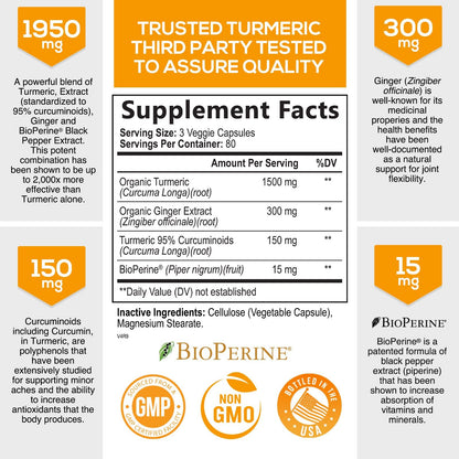 Turmeric Curcumin with BioPerine & Ginger 95% Standardized Curcuminoids 1950mg