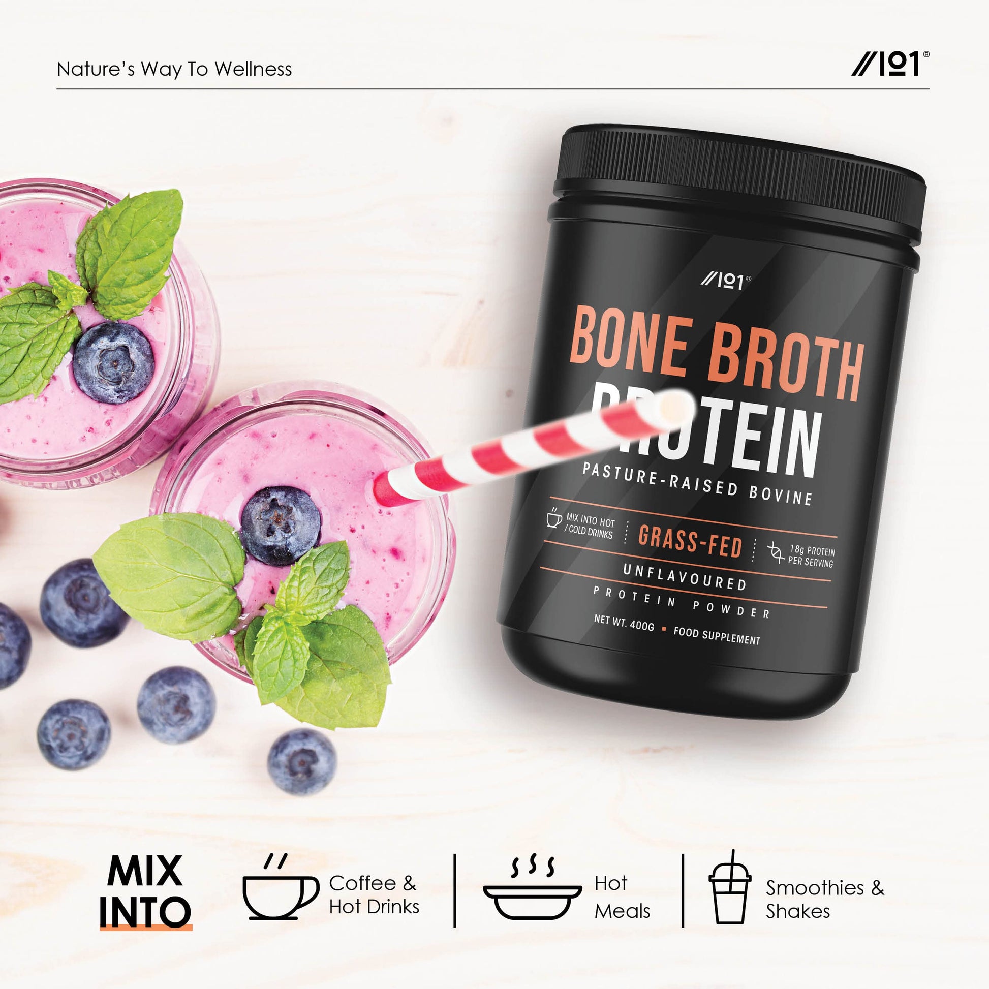 Bone Broth Beef Protein Powder - 400g - Unflavoured - 100% Grass-Fed & Pasture Raised Beef ALPHA01
