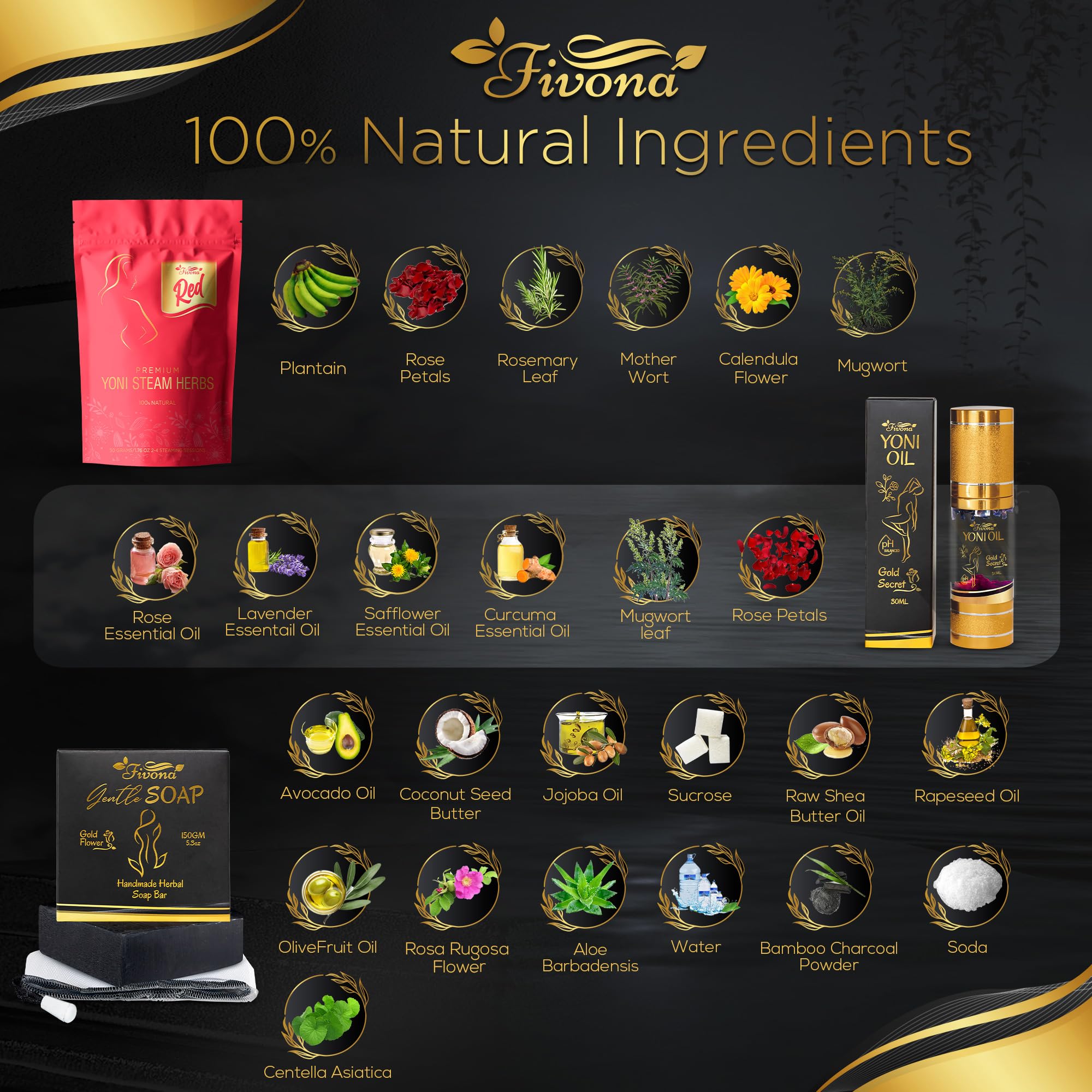 Fivona 4-in-1 Feminine Care Kit, Yoni Oil, Yoni Soap, Yoni Steaming Pot and Red Premium V Steam Herbs FIVONA