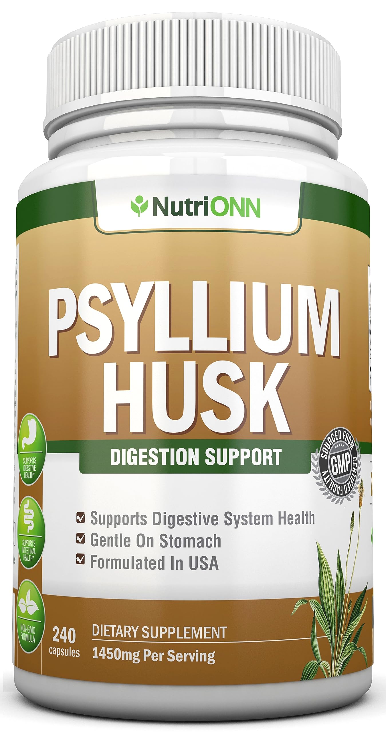NutriONN PSYLLIUM Husk Capsules - 1450mg Per Serving - 240 Capsules - Double Strength