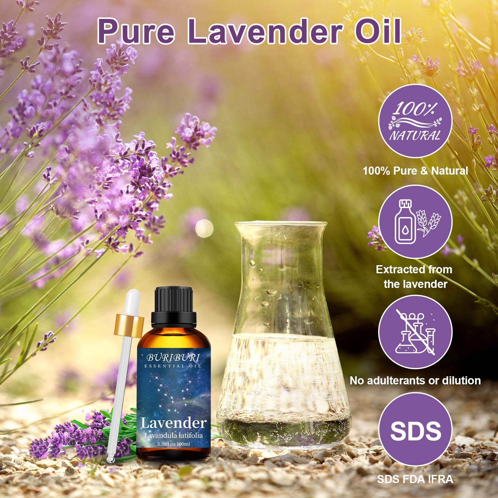 BURIBURI Lavender Essential Oil 100ML, 100% Pure Undiluted, Natural, Organic Aromatherapy Oil Lavender Oils BURIBURI