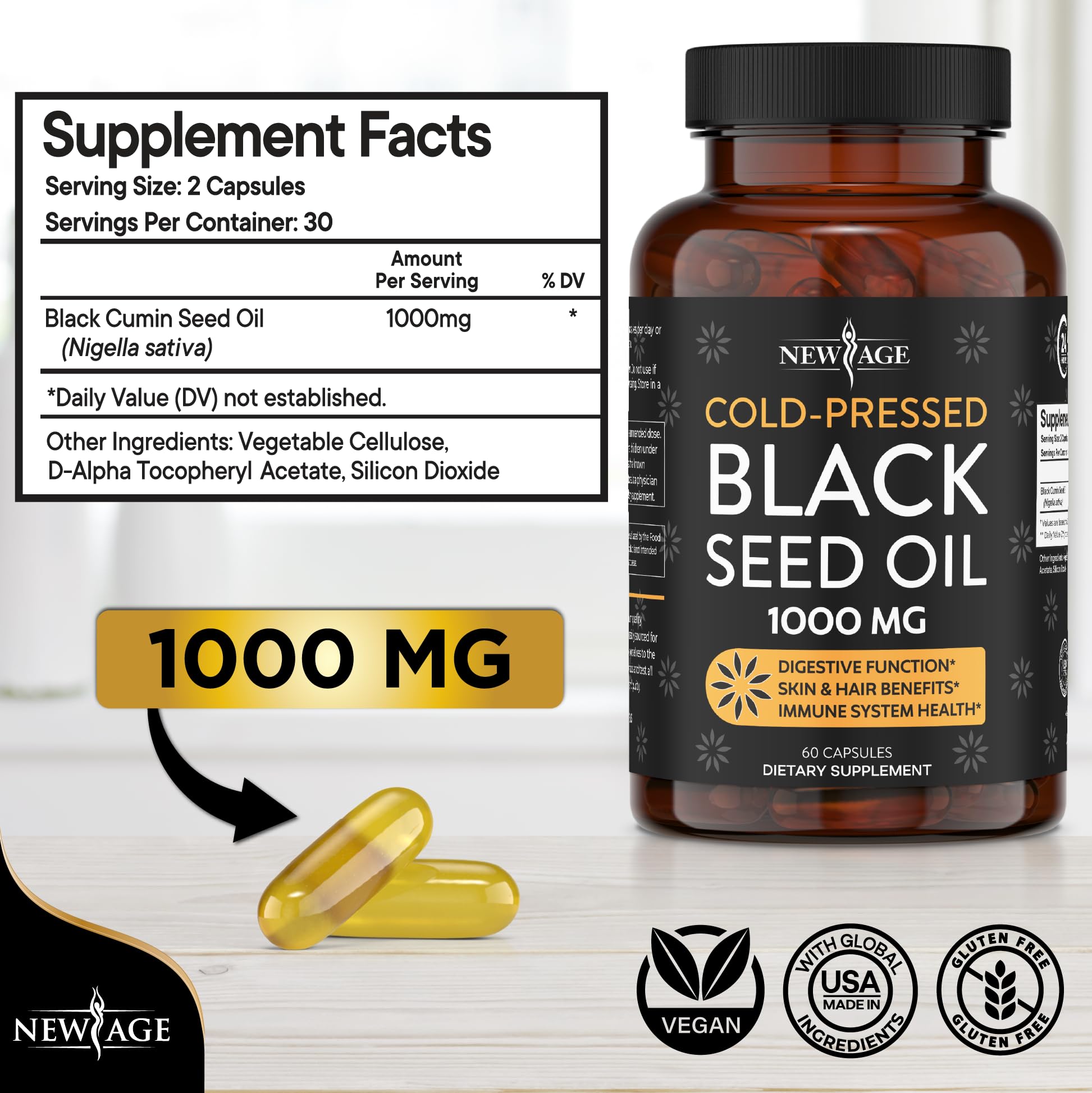 Black Seed Oil Softgel Capsules - Premium Cold-Pressed Nigella Sativa Producing Pure NEW AGE