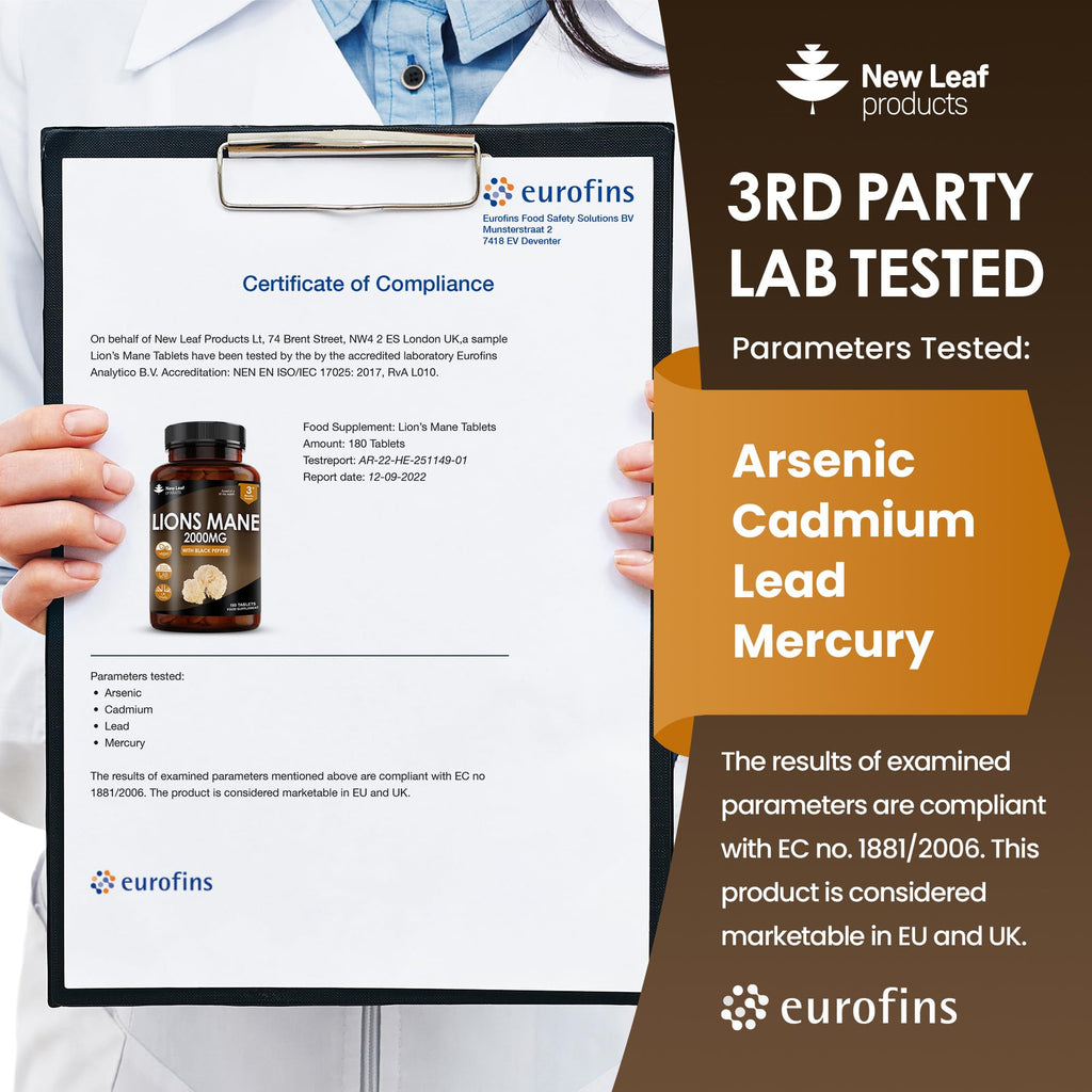 Lions Mane Mushroom Extract Supplement 2000mg - 180 High Strength Vegan Tablets