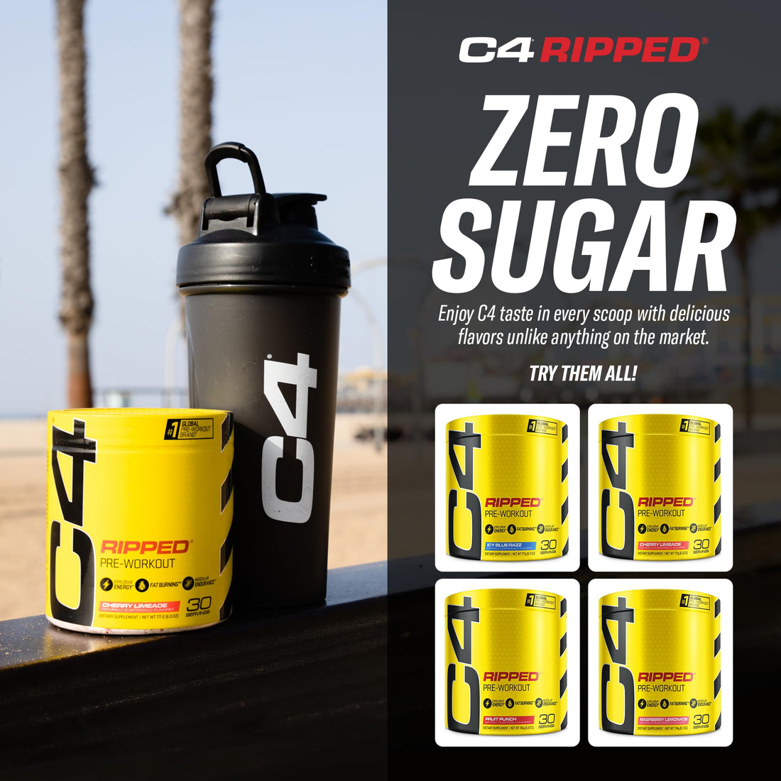 Cellucor C4 Ripped Pre Workout Powder ICY Blue Razz | Creatine Free + Sugar Free 