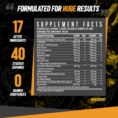 Huge Supplements Wrecked Pre-Workout, 30G+ Ingredients Per Serving to Boost Energy, Pumps, and Focus with L-Citrulline, Beta-Alanine, Hydromax, and No Useless Fillers, 40 Servings (Orange Burst)