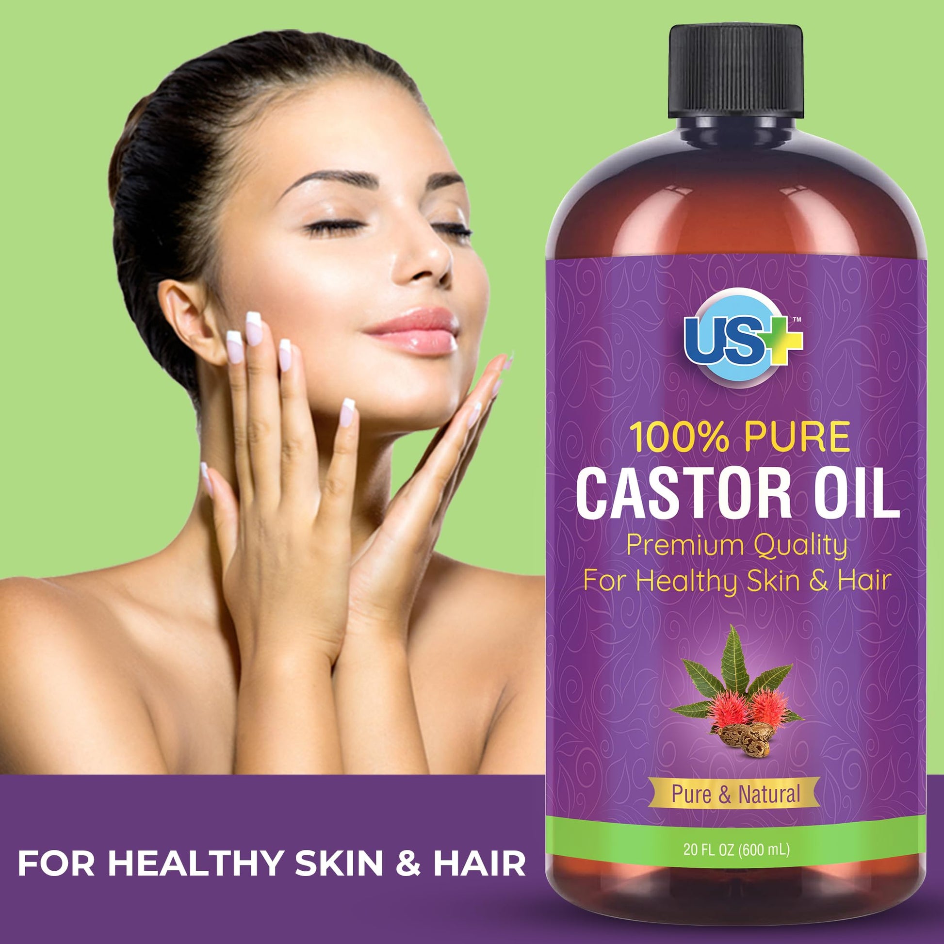 Us+ 20oz 100% Pure Castor Oil - Cold-pressed, Unrefined, Hexane-free - USP Grade - Premium Quality Us+