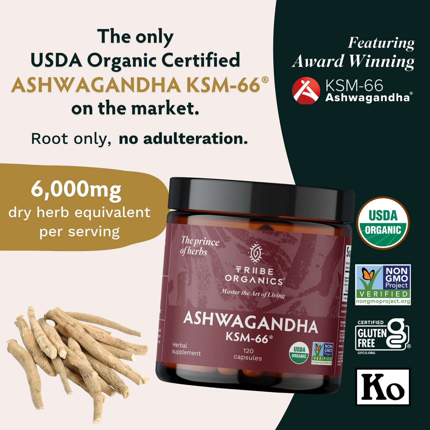 TRIBE ORGANICS Ashwagandha KSM 66 Pure Organic Root Powder Extract Ayurvedic