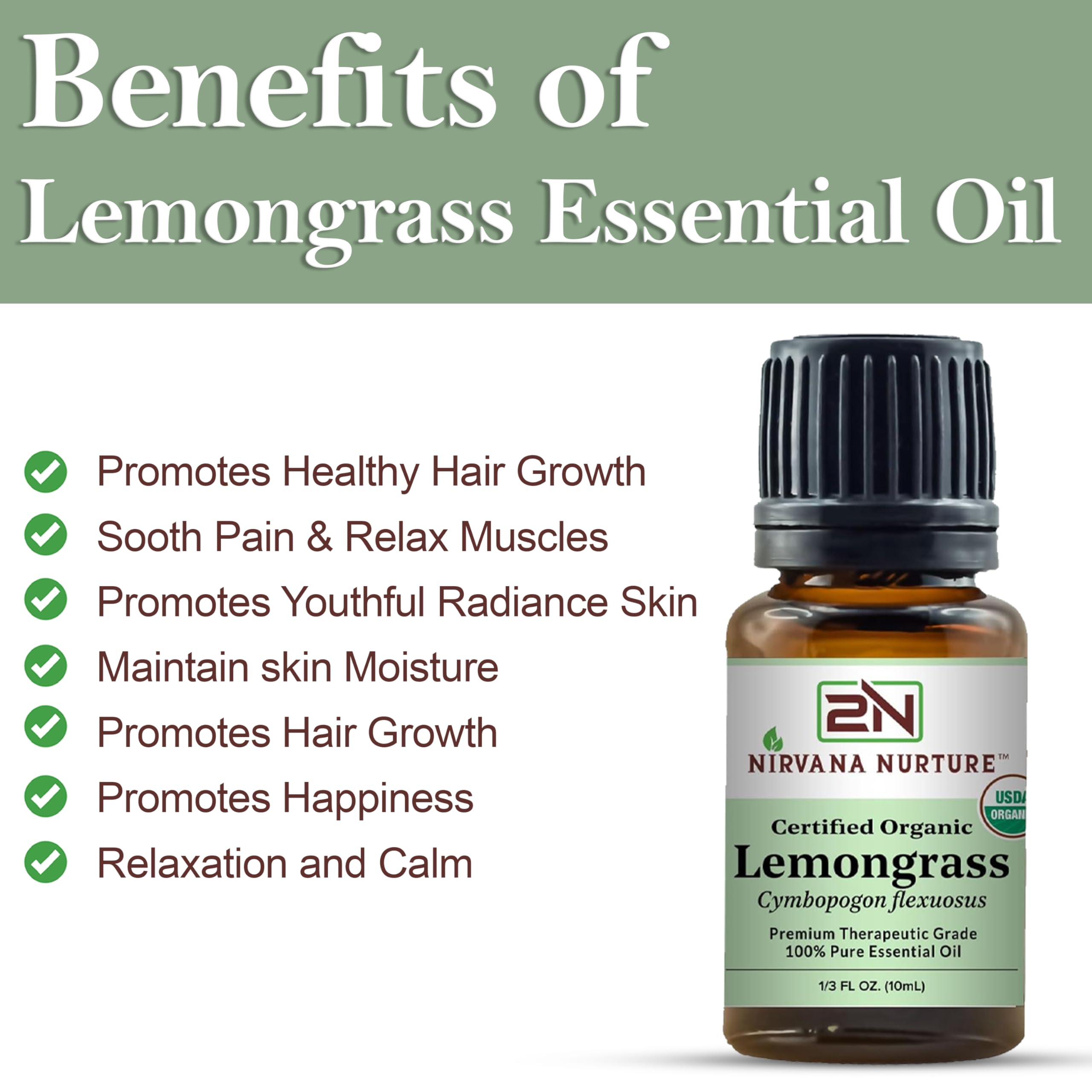 Nirvana Nurture Lemongrass Essential Oil USDA Certified Organic 100% Pure Premium Therapeutic Grade Nirvana Nurture