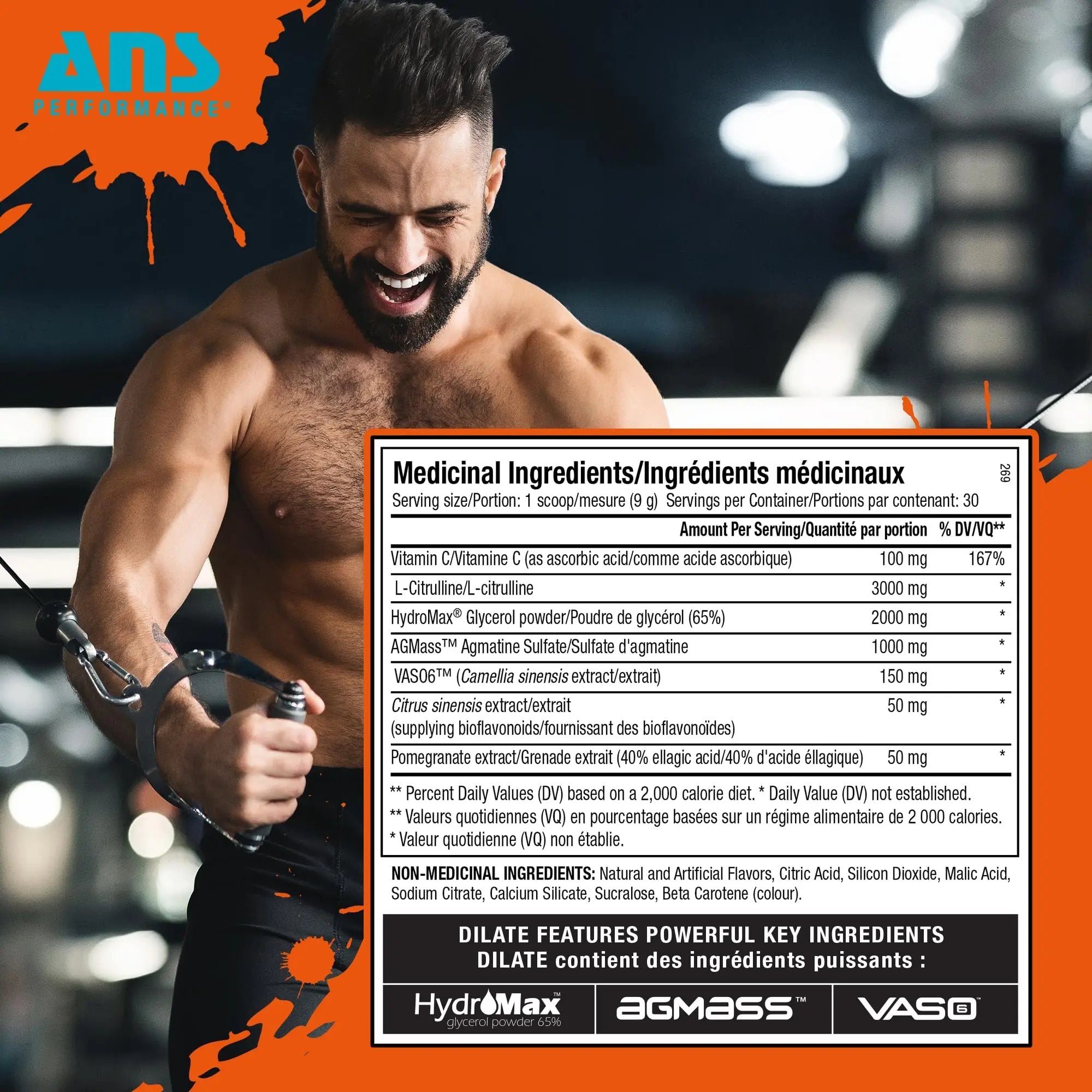 ANS Performance Dilate Pump PreWorkout Powder - Dietary Supplement - Maximizes Muscle Growth, Strength Performance - No Stims, Beta-Alanine, Creatine, Glacier Grape - 30 Servings (Peach Mango)