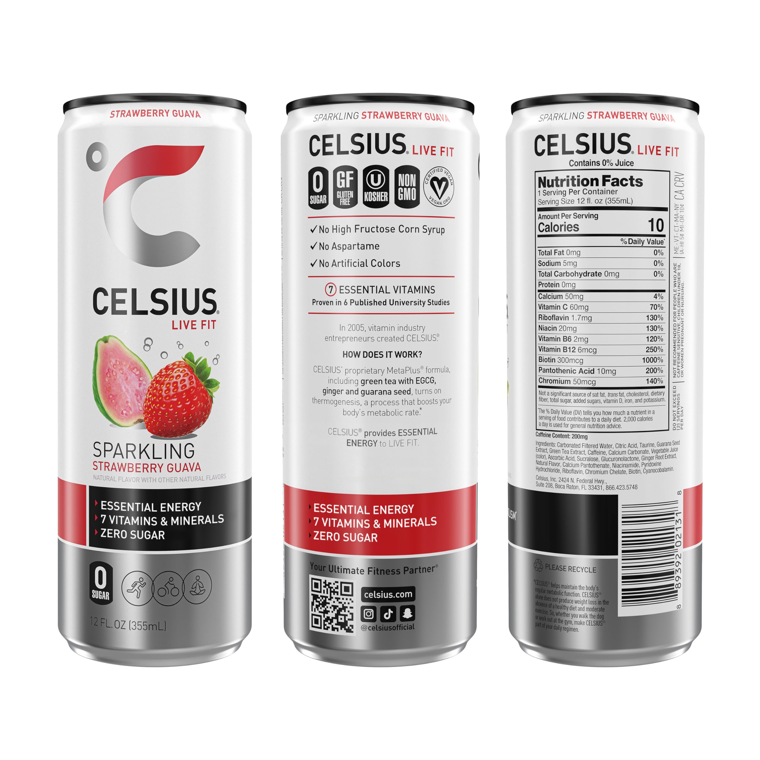 CELSIUS Sparkling Strawberry Guava, Functional Essential Energy Drink 12 Fl Oz (Pack of 12) CELSIUS