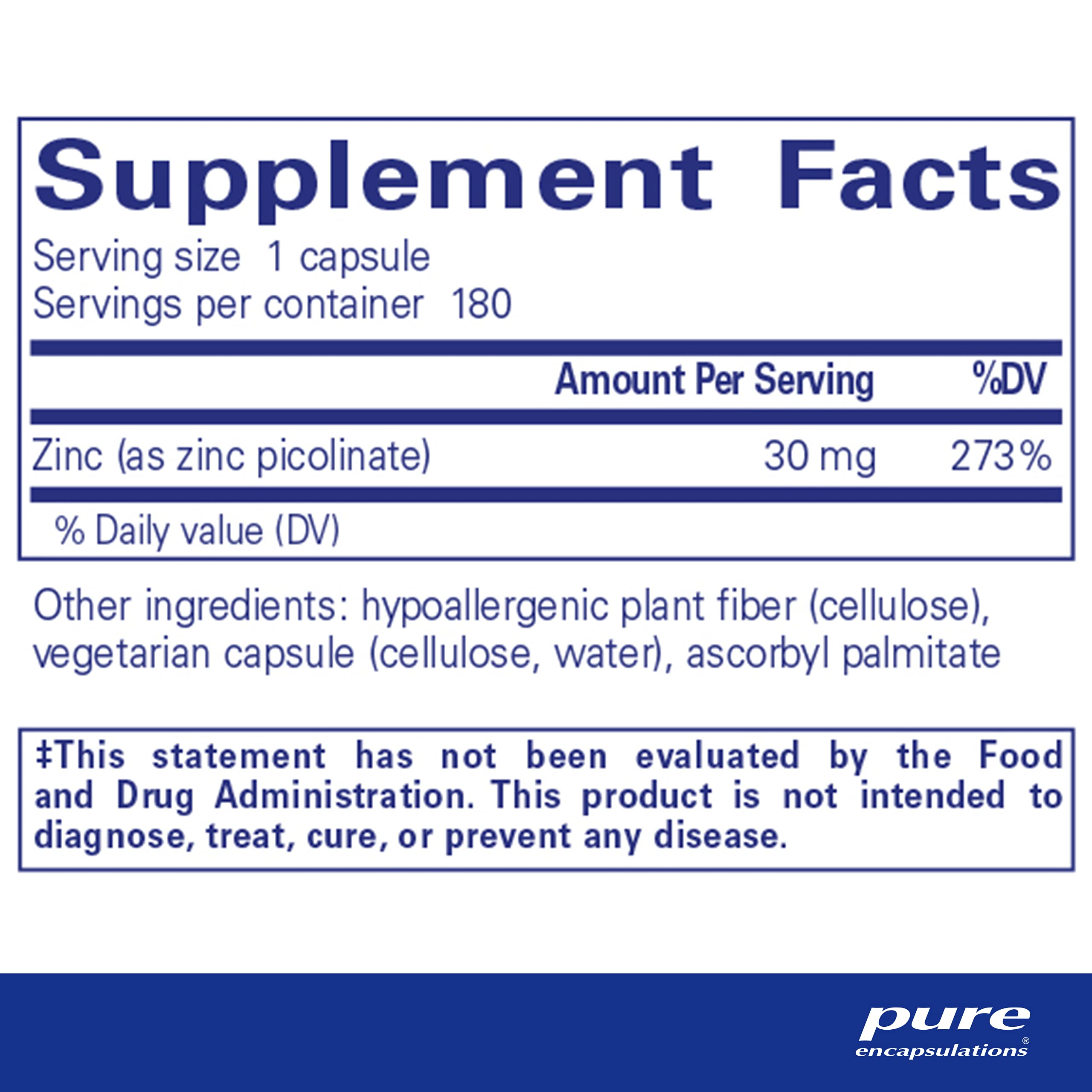 Pure Encapsulations Zinc 30 mg - Highly Absorbable - 180 Capsules