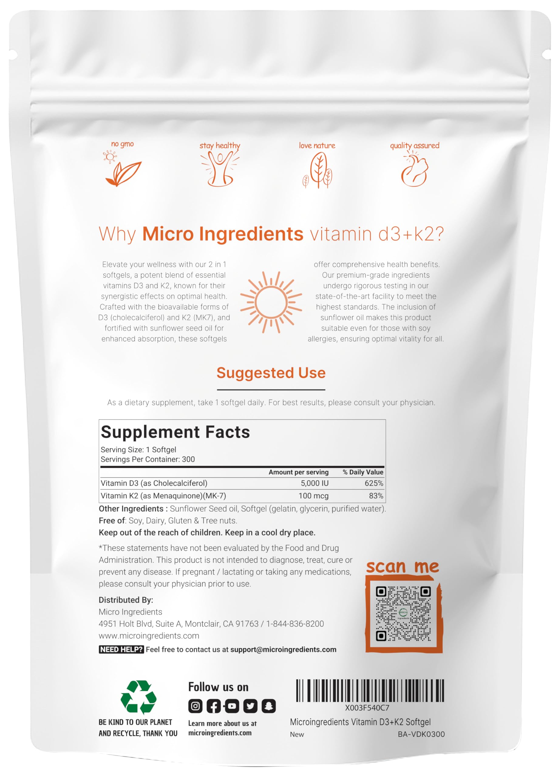 Micro Ingredients Vitamin D3 5000 IU with K2 100 mcg, 300 Soft-Gels Micro Ingredients