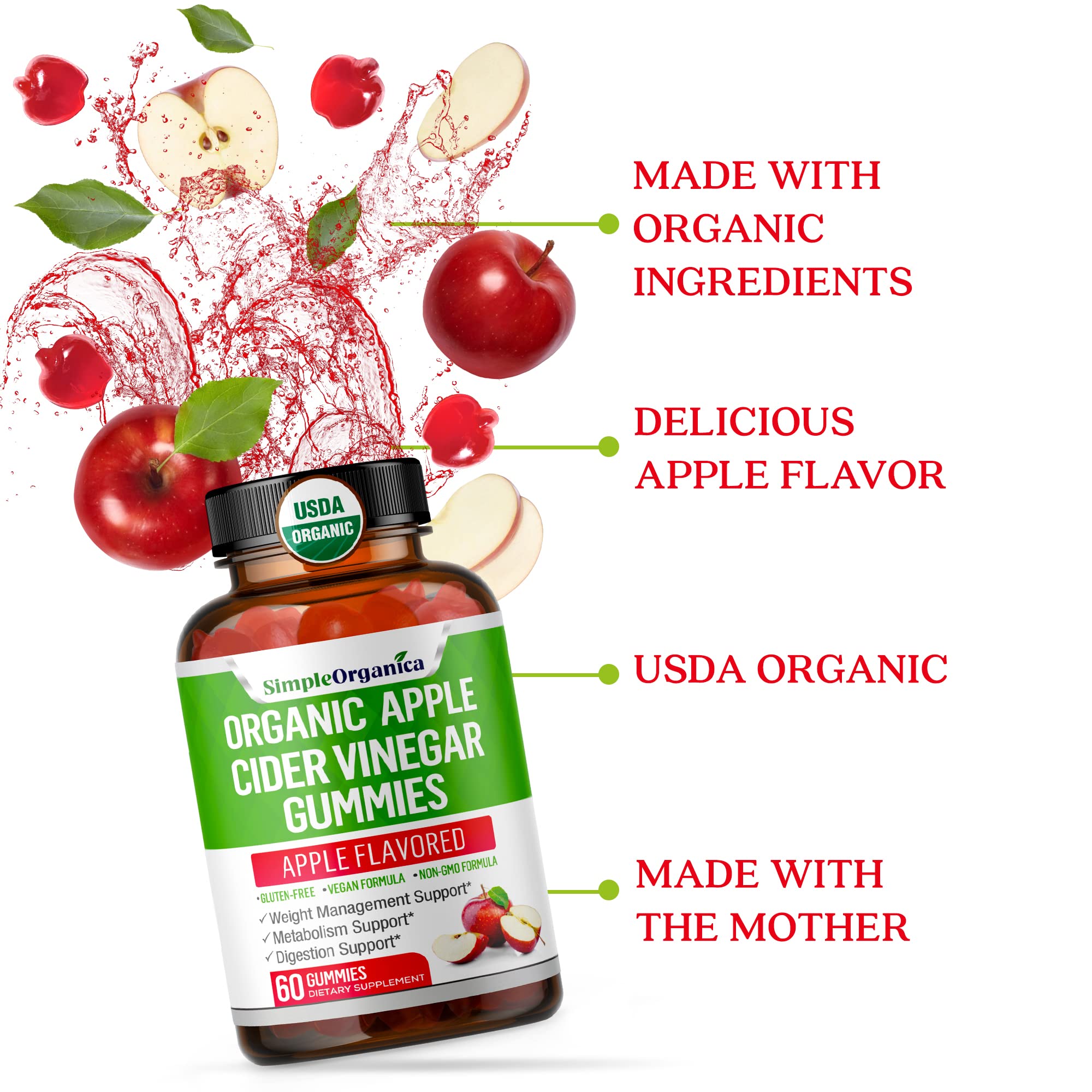 USDA Organic Apple Cider Vinegar Gummies with The Mother. AVC Keto Gummy Vitamins Simple Organica