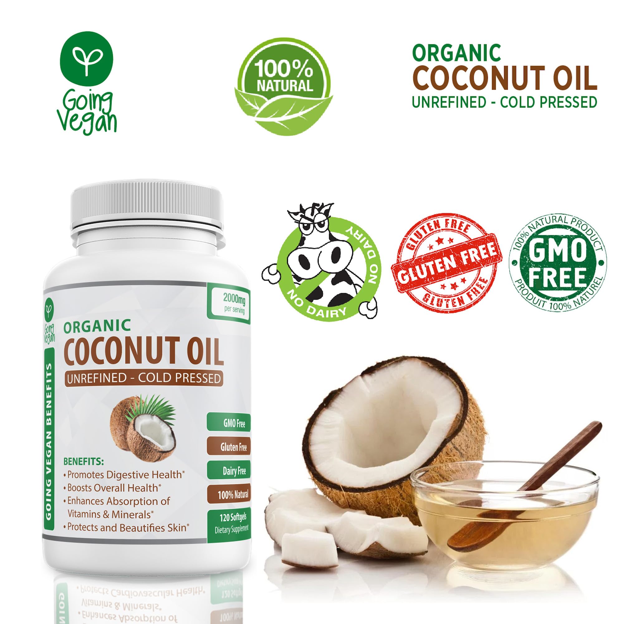 Organic Coconut Oil Capsules 2000mg - 100% Extra Virgin, Cold Pressed for Healthy Skin Going Vegan