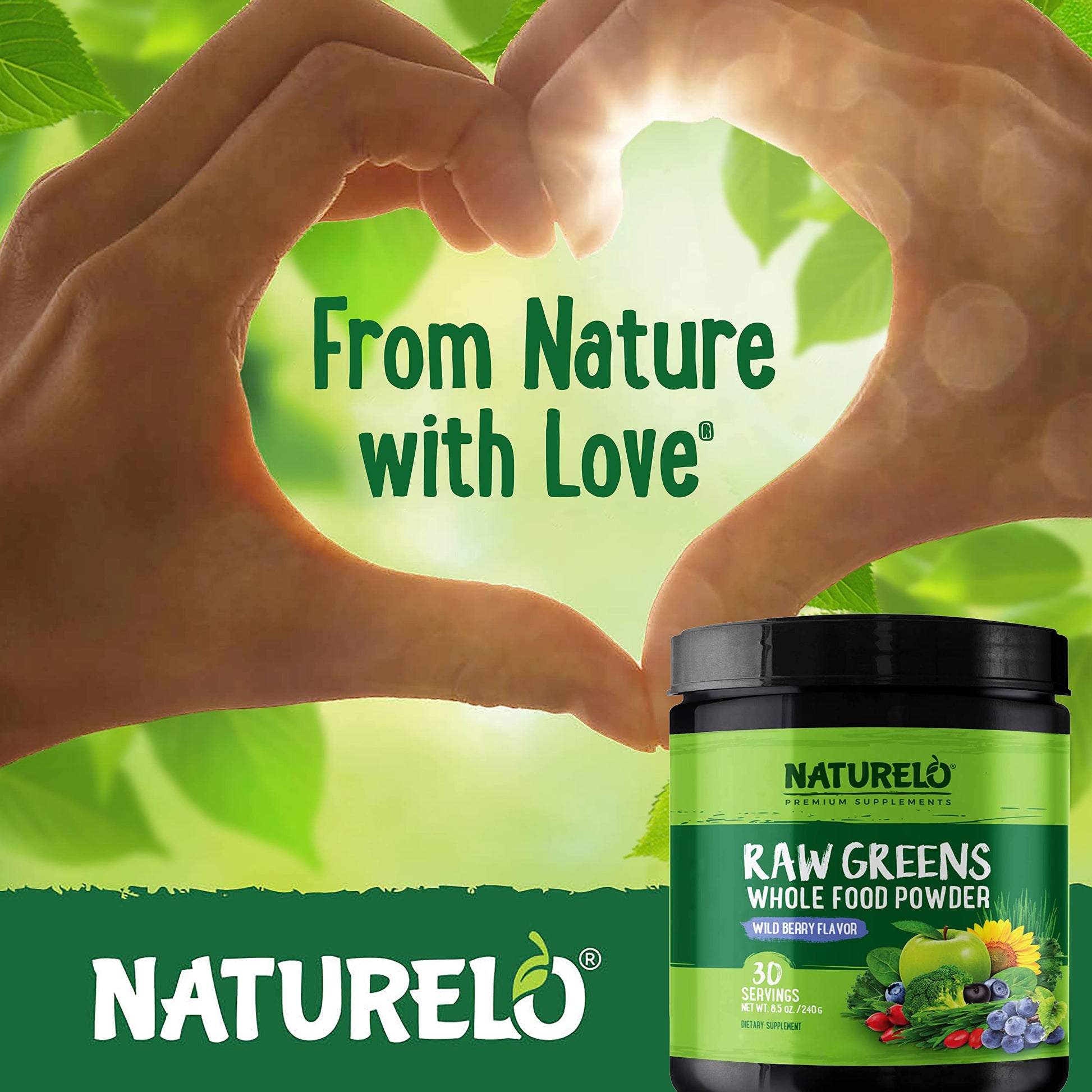 NATURELO Raw Greens Superfood Powder - Wild Berry Flavor - Boost Ener