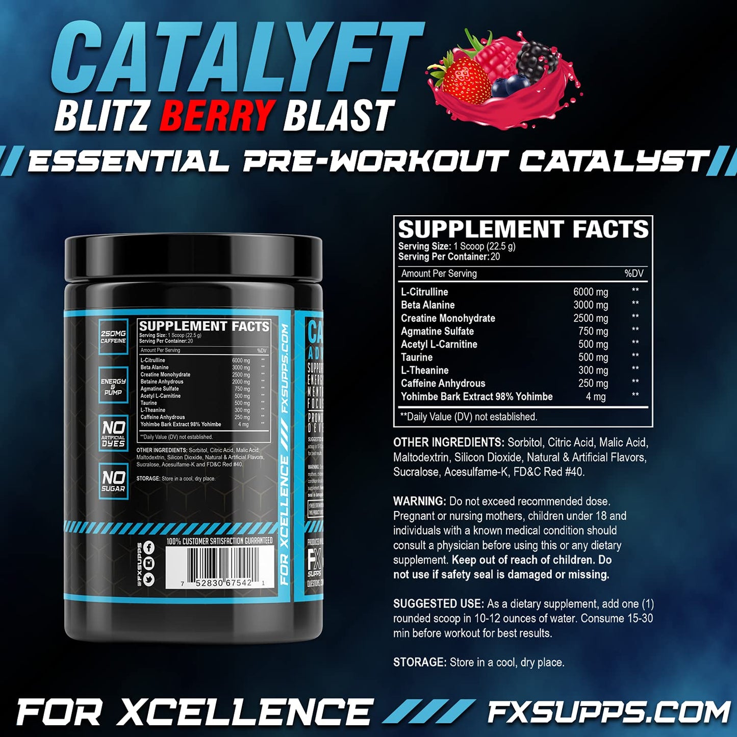 FX Supps Catalyft Pre-Workout PowderDrink for Men and Women Blitz Berry Blast Dietary SupplementMix with Creatine,Caffeine & Beta-Alanine | Best for Energy Pump,Muscle Gain & Focus,20 Servings(1 Pack)