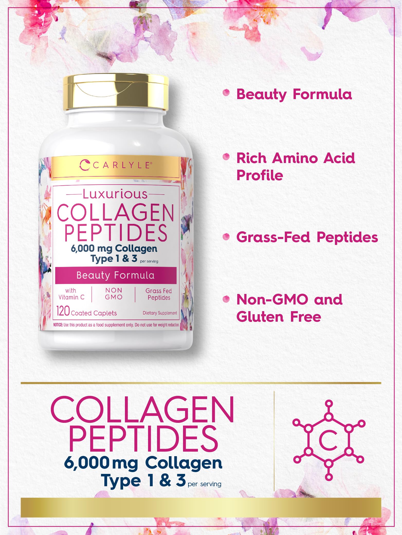 Carlyle Collagen with Vitamin C | 6000mg | 120 Caplets | Multi Collagen Peptide Pills Carlyle