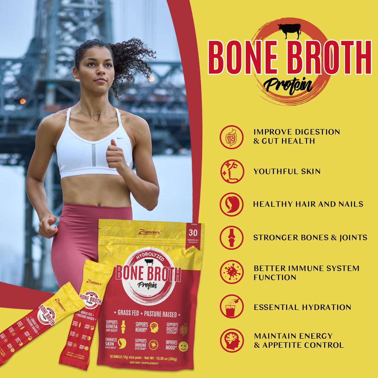 Zammex Bone Broth Packets-20g Collagen Protein-Beef Bone Broth Powder to Go-30 Travel