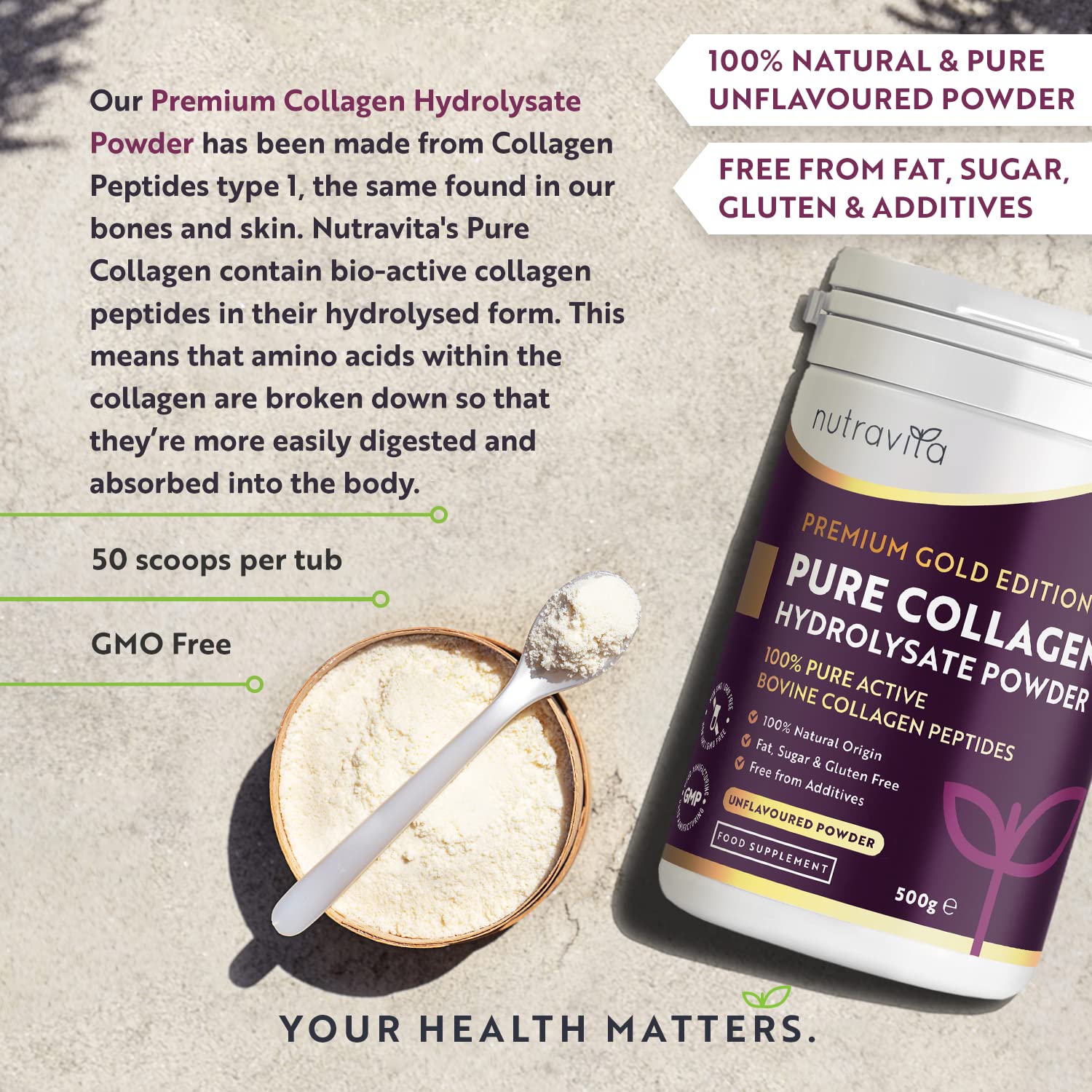 Collagen Powder 500g - Premium Gold Standard Bovine- 50 Servings - Collagen Peptides Supplement Nutravita