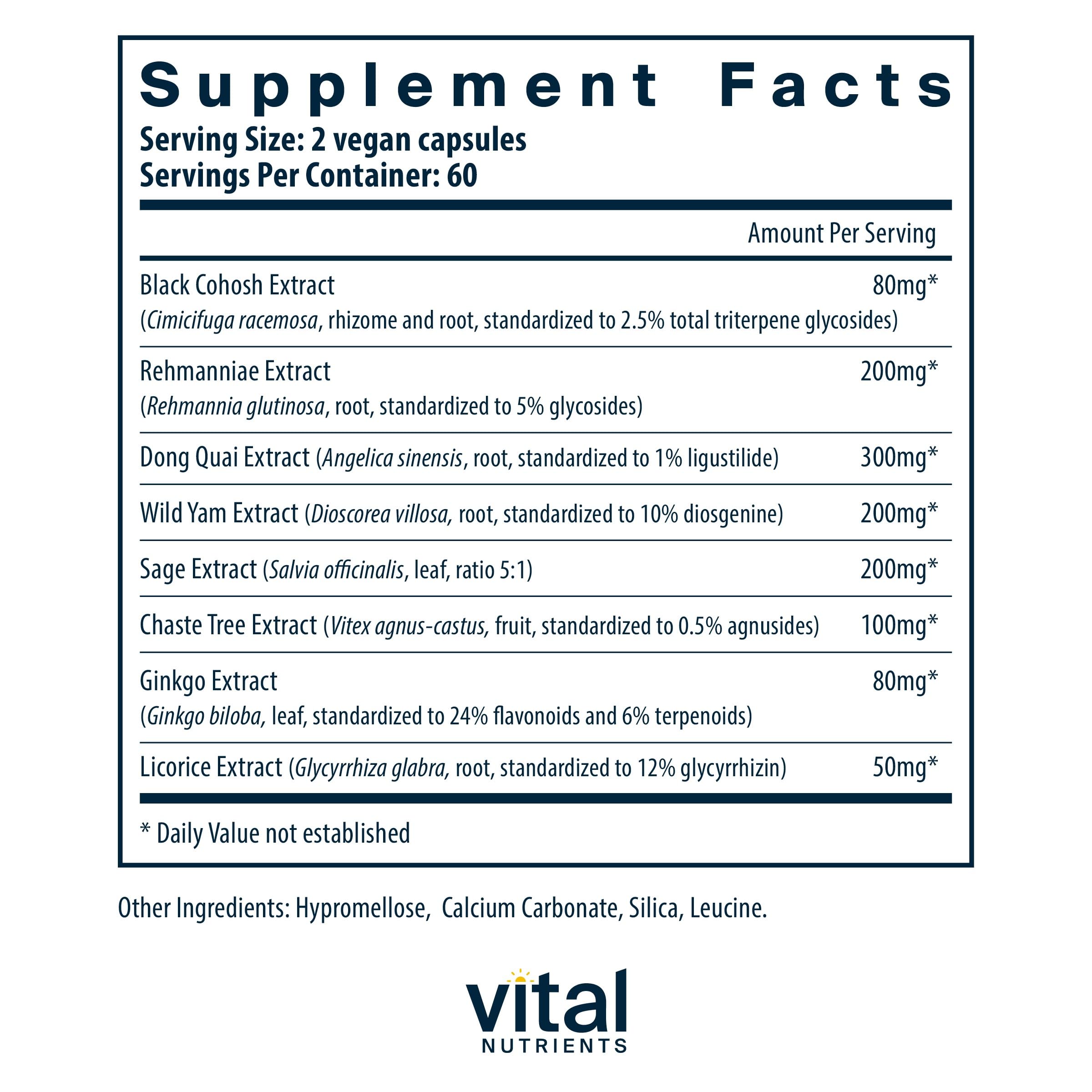 Vital Nutrients Menopause Support | Vegan Supplement for Women | Herbal Complex Vital Nutrients