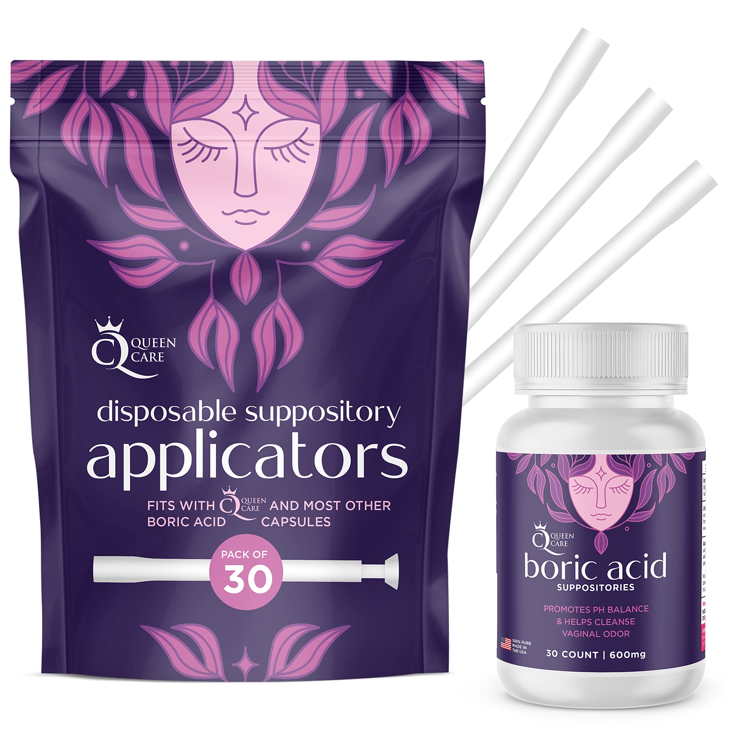 Queen Care - Boric Acid Suppositories & Applicators, Complete Feminine Care, PH Balance for Women