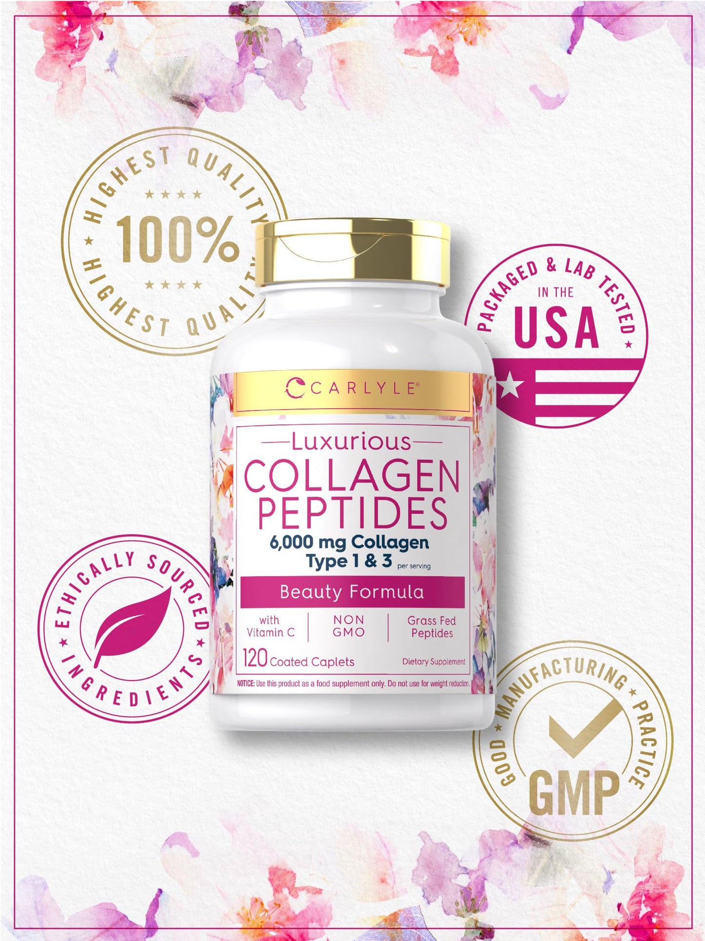 Carlyle Collagen with Vitamin C | 6000mg | 120 Caplets | Multi Collagen Peptide Pills