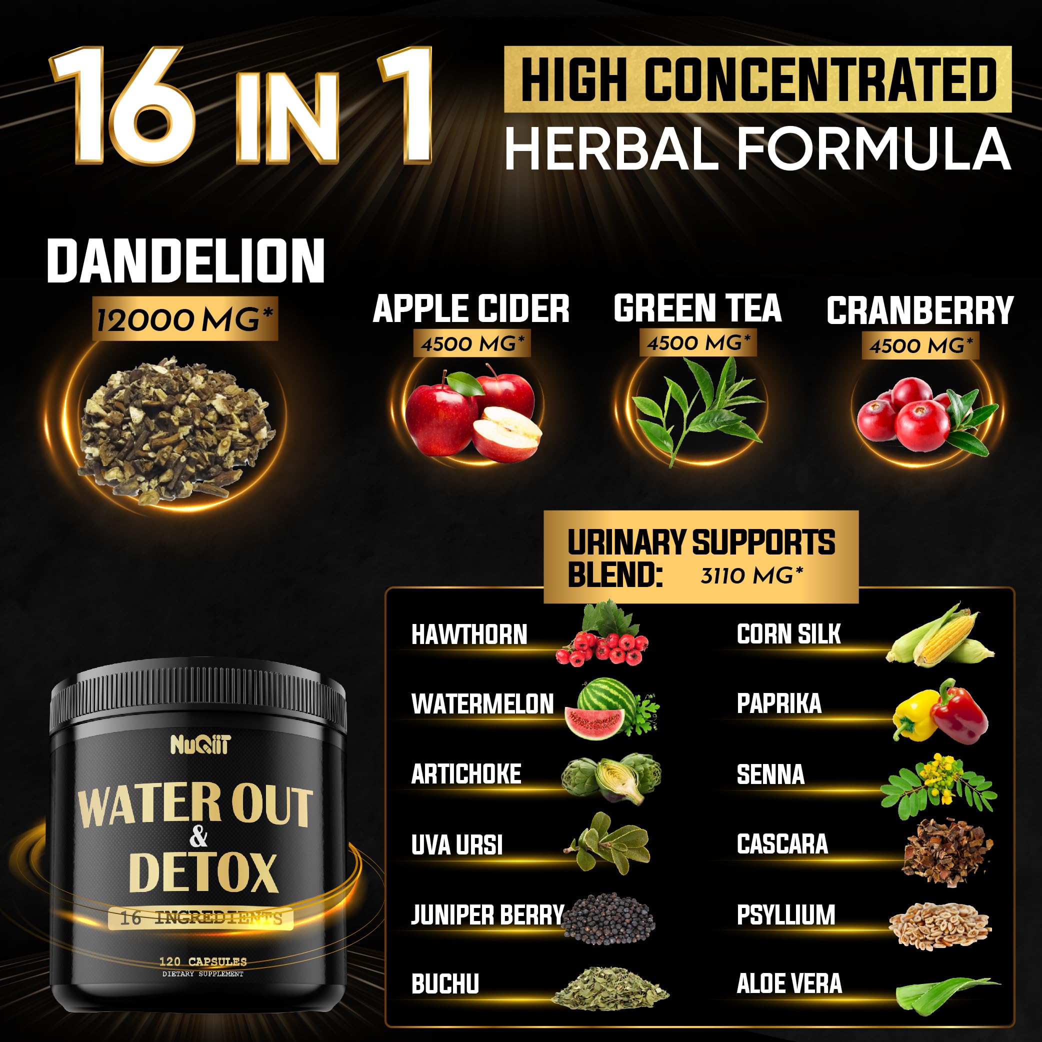 Nuqiit Water Out Supplement with Dandelion Root 12000mg Apple Cider Vinegar 4500mg & More Nuqiit