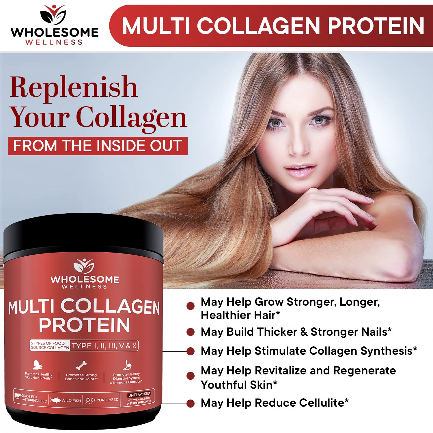 Multi Collagen Protein Powder Hydrolyzed (Type I II III V X) Grass-Fed All-in-One Super Wholesome Wellness