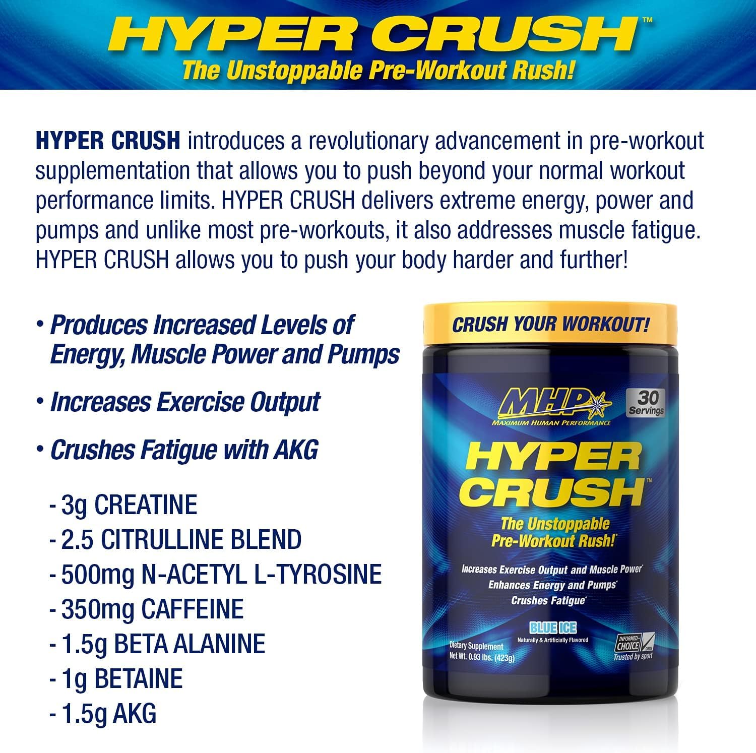 Maximum Human Performance MHP HYPER CRUSH Pre Workout energy drink creatine beta alanine nitric oxide pump citrulline AKG 30 Servings, Blue Ice, 14.88 Ounce