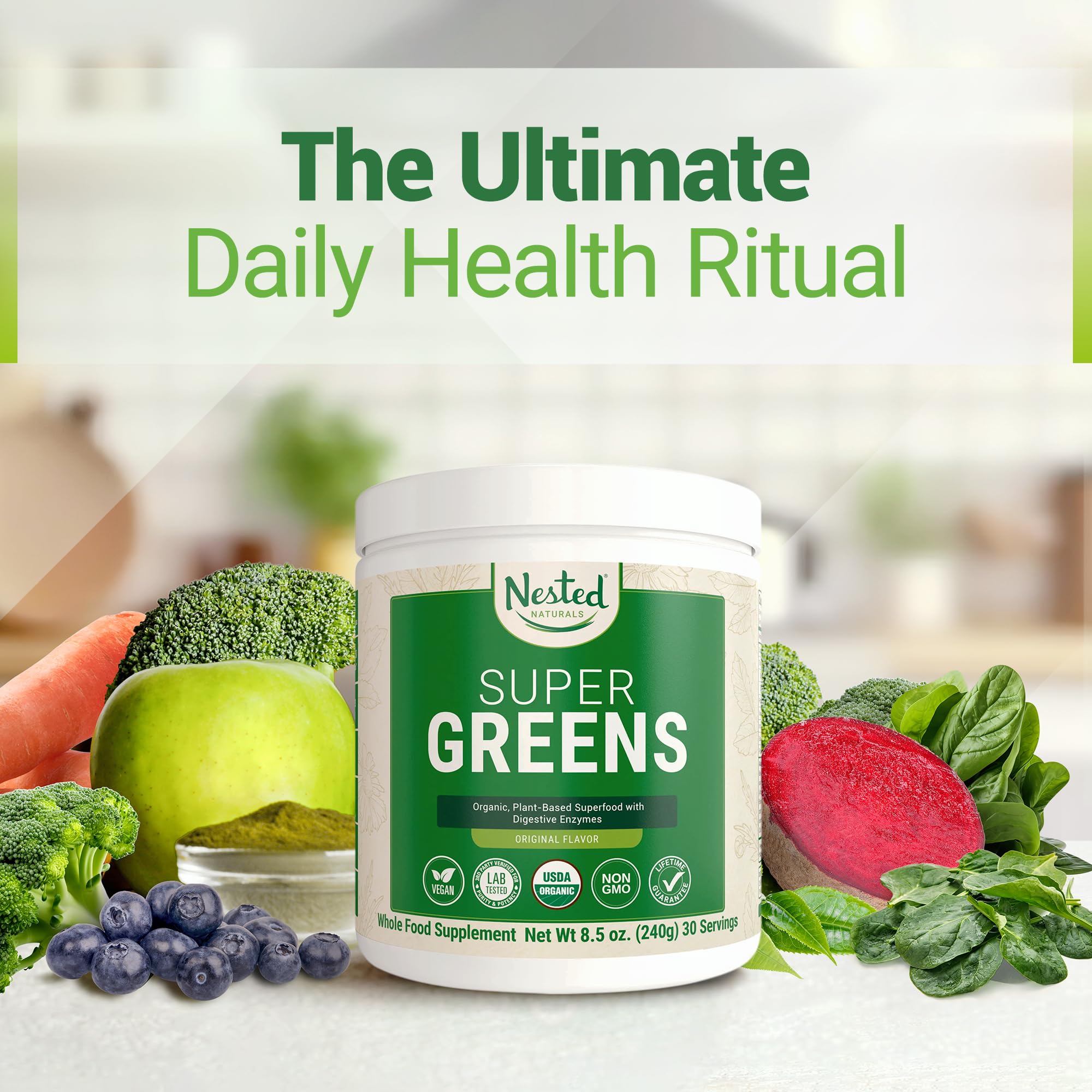 Super Greens Daily Greens Superfood Powder - Certified USDA Organic Green Powder Nested Naturals