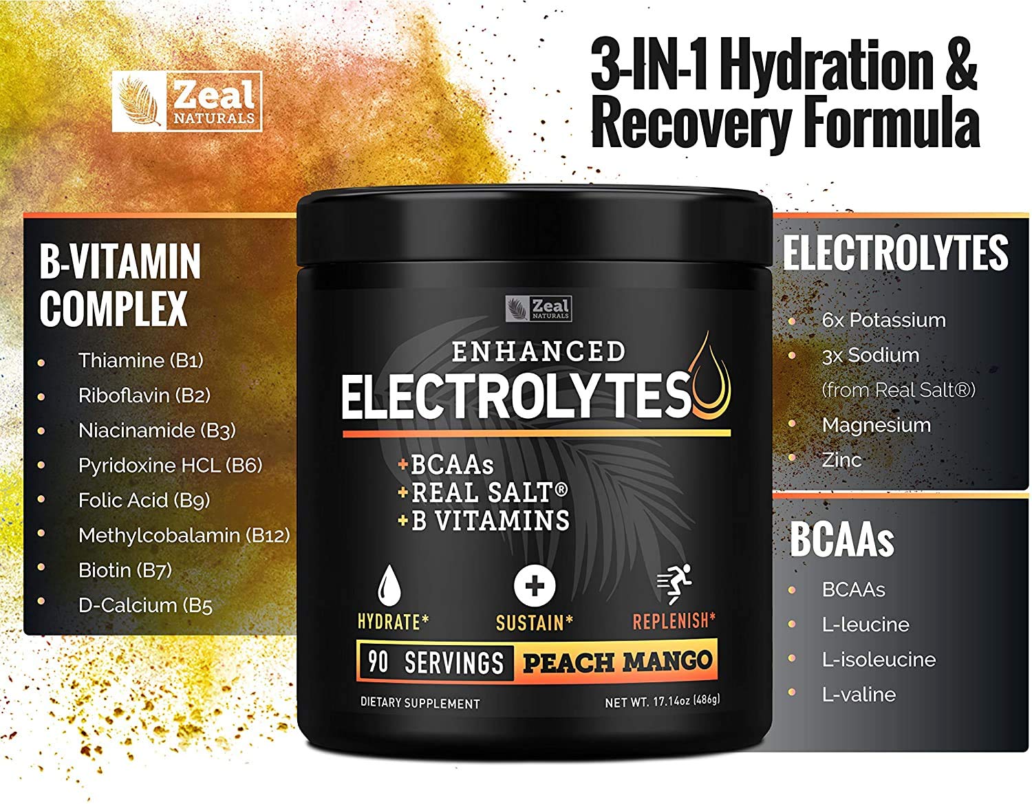 Enhanced Electrolyte Powder (Peach Mango | 90ct.) + BCAA, B-Vitamins & Real Salt Zeal Naturals