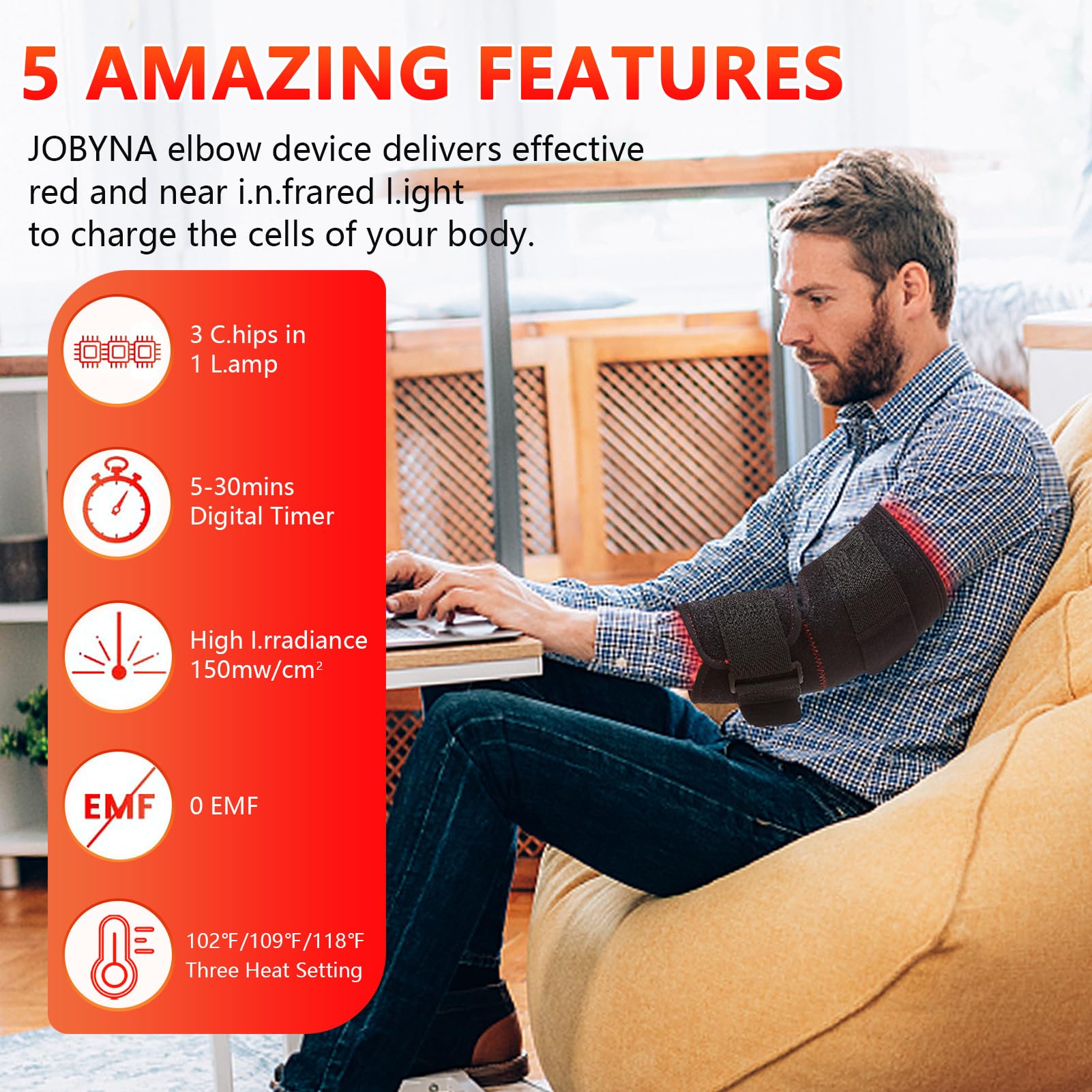 JOBYNA Red and I.nfrared L.ight T.herapy for Elbow Wrap, 850nm Near I.nfrared L.ight & 660nm JOBYNA