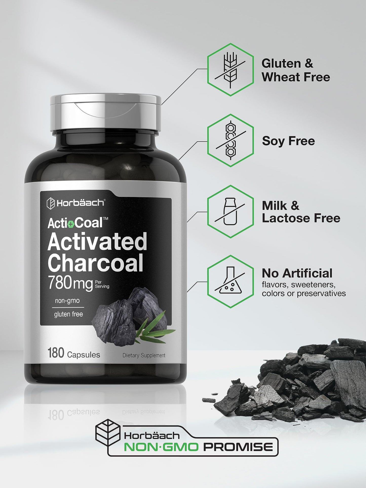 Charcoal Pills 780mg | 180 Capsules | Activated Charcoal from Coconut Shells | Non-GMO