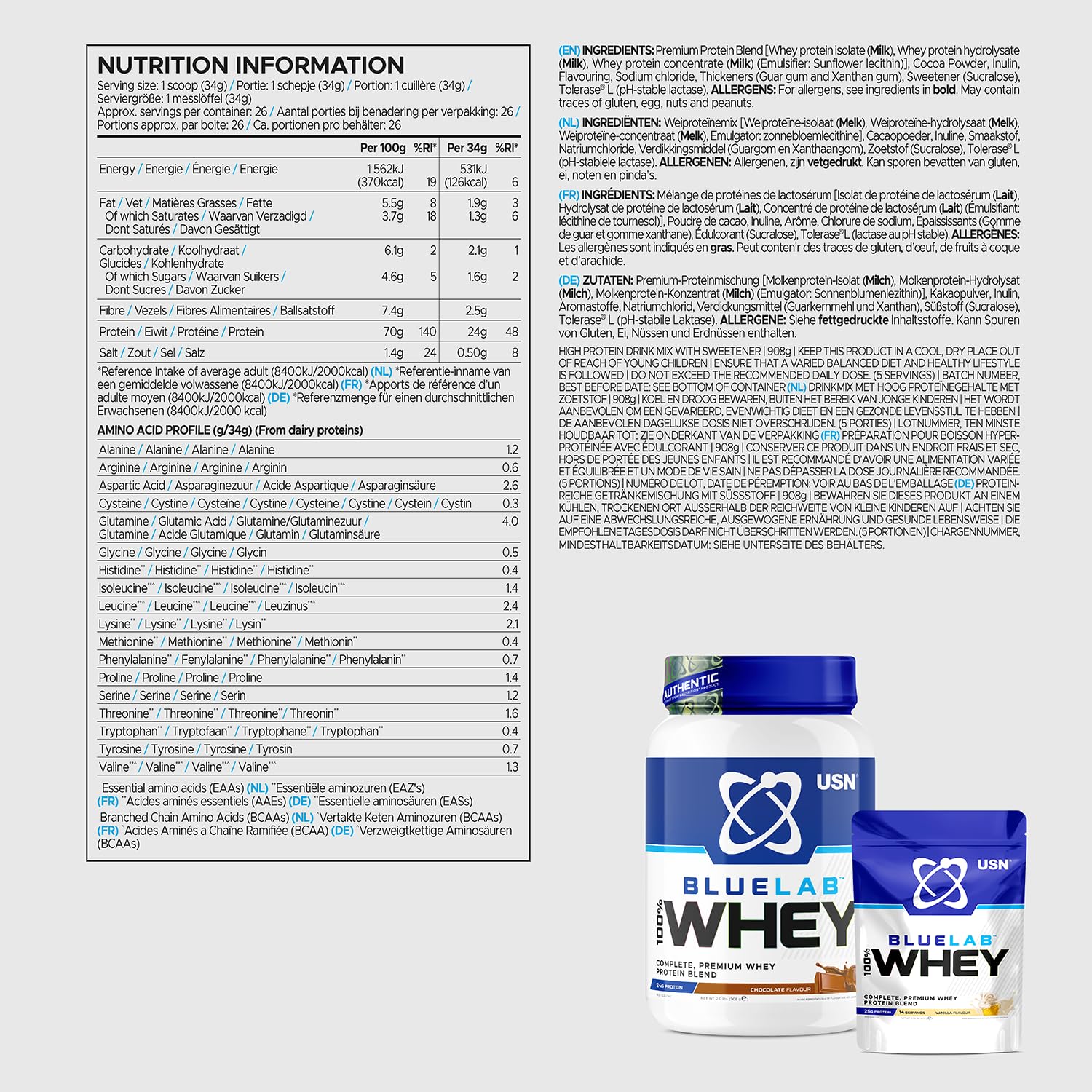 USN Blue Lab Whey Protein Powder: Chocolate - Whey Protein 2kg - Post-Workout USN