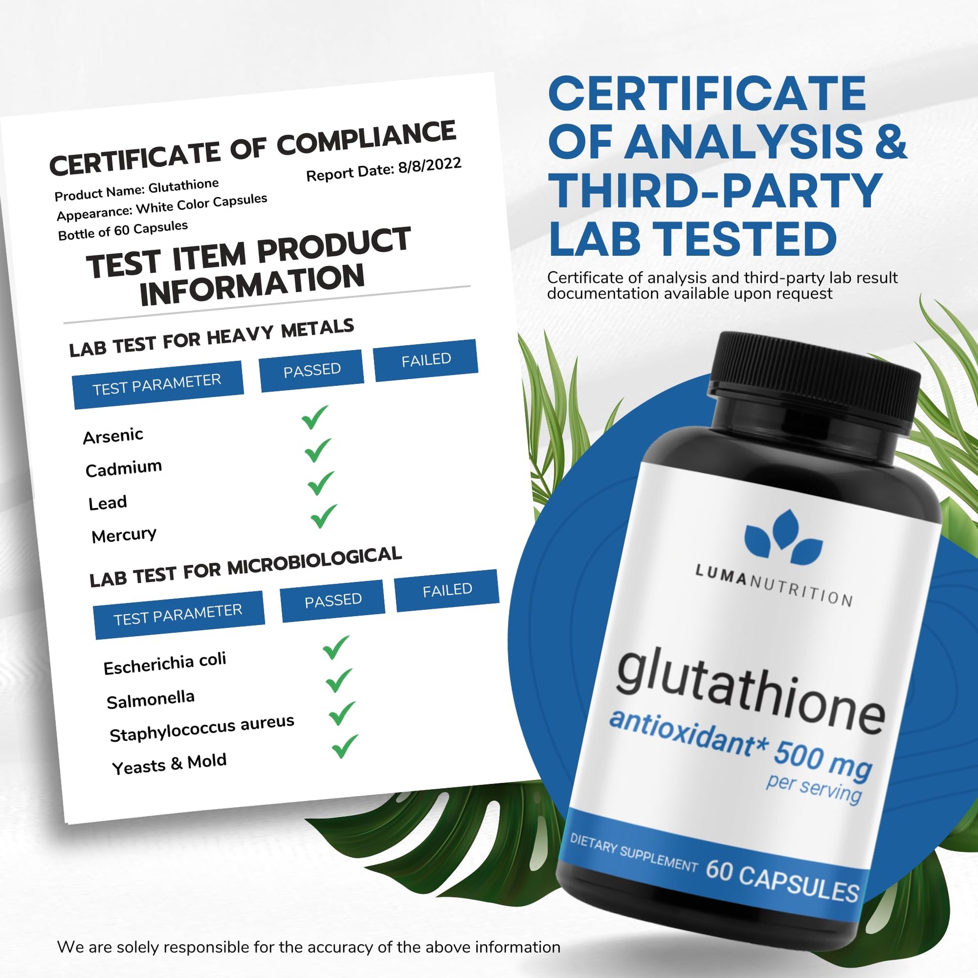 Premium Glutathione - Reduced Glutathione 500mg - Glutathione Supplement - L-Glutathione Luma Nutrition