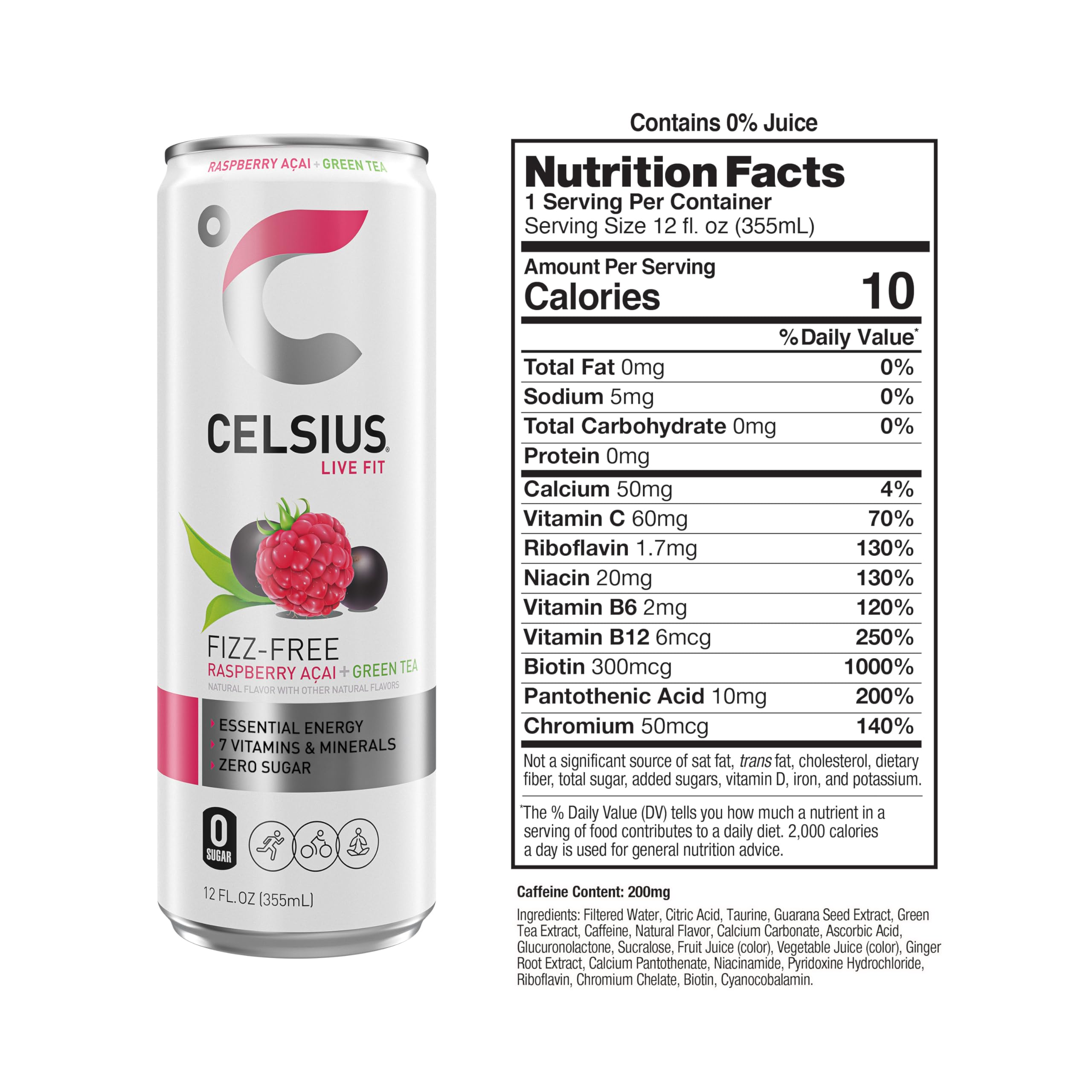 CELSIUS Raspberry Acai Green Tea, Functional Essential Energy Drink 12 Fl Oz (Pack of 12) Packaging may vary CELSIUS