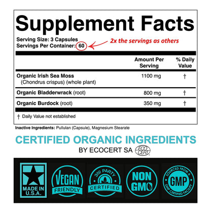 Certified Organic Sea Moss Capsules 2250mg Wildcrafted Irish Sea Moss Burdock Root