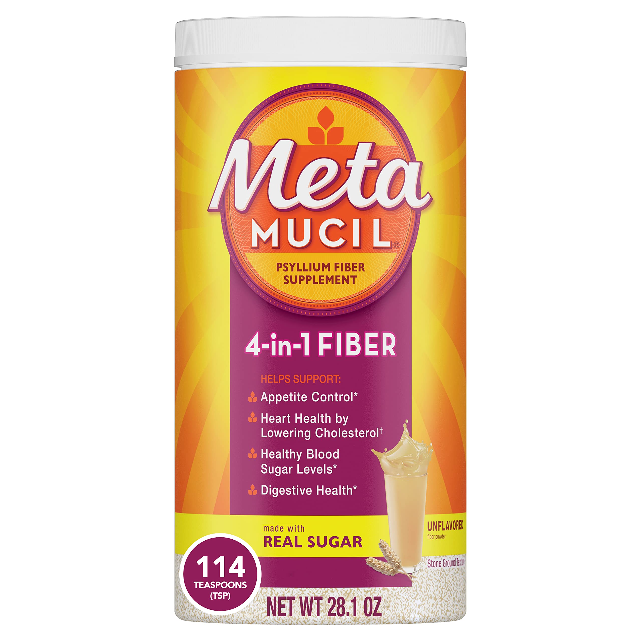 Metamucil, Daily Psyllium Husk Powder Supplement with Real Sugar, 4-in-1 Fiber 