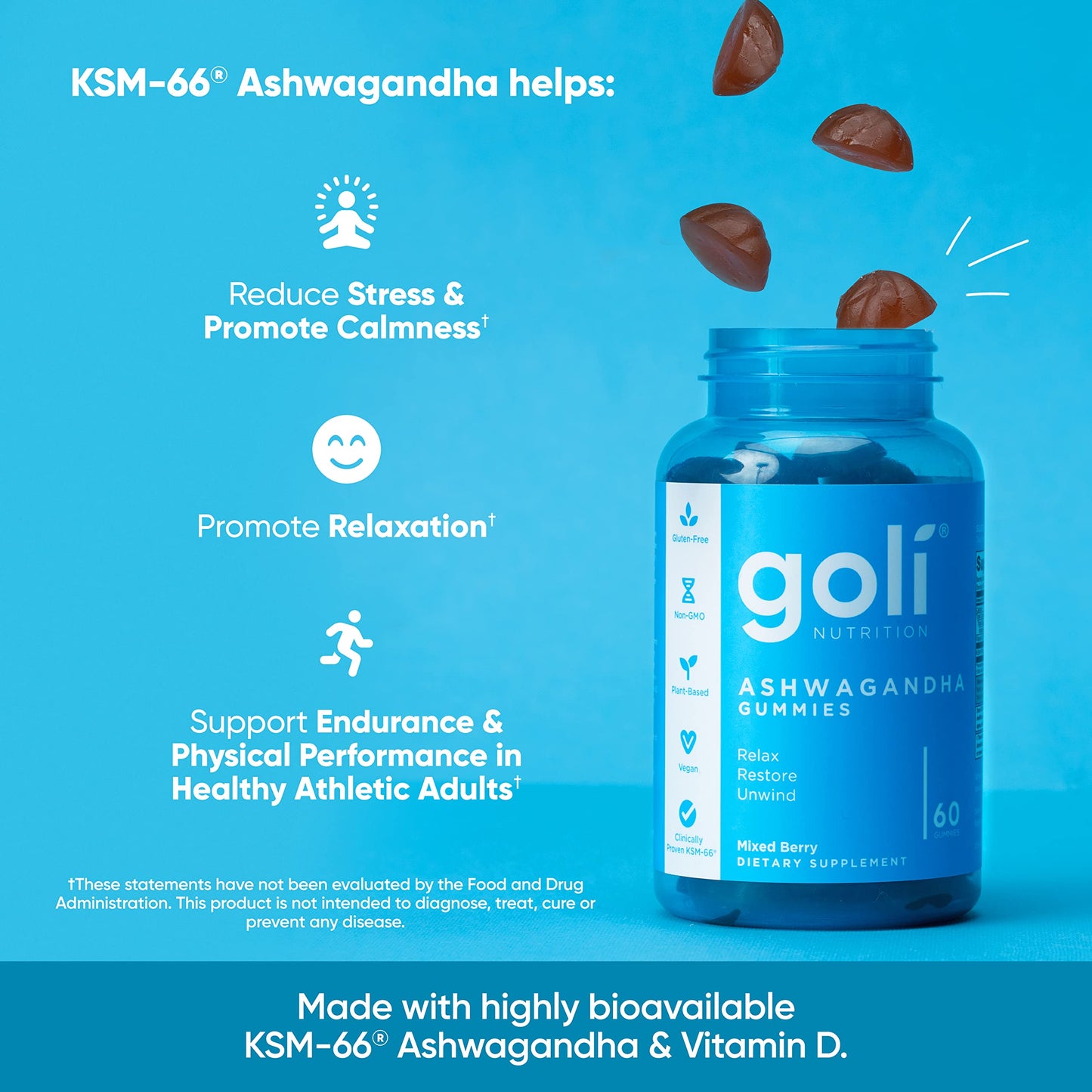 Goli Ashwagandha & Vitamin D Gummy - 300 Count - Mixed Berry, KSM-66, Vegan,