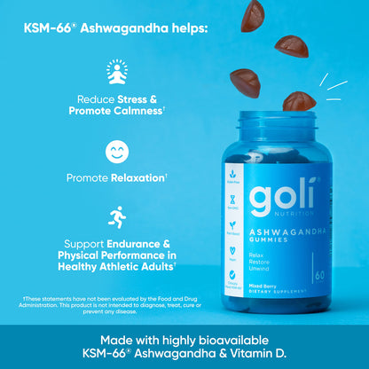 Goli Ashwagandha & Vitamin D Gummy - 300 Count - Mixed Berry, KSM-66, Vegan,